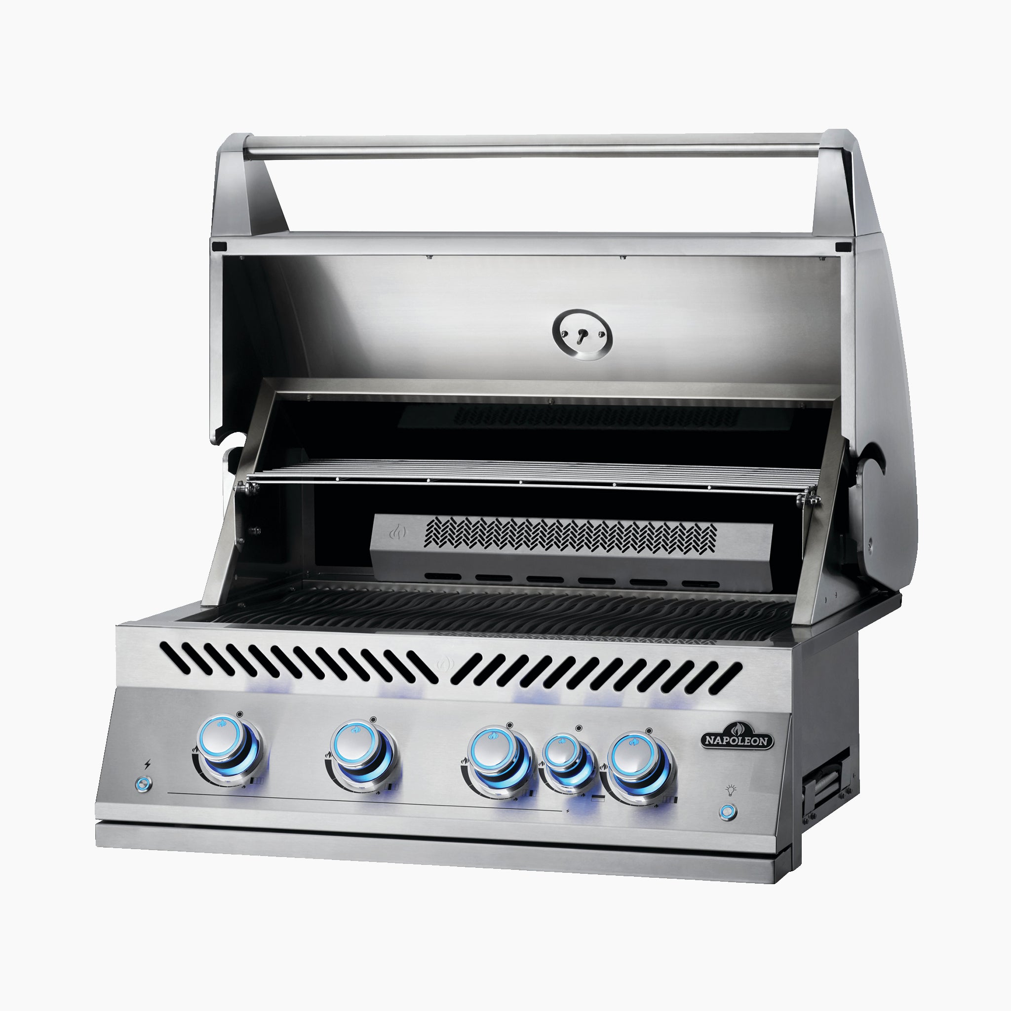 A Napoleon 700 Series 32" Built-in Gas Grill featuring four blue-lit knobs and an open lid that reveals the cooking grates, burners, and a rear infrared burner.