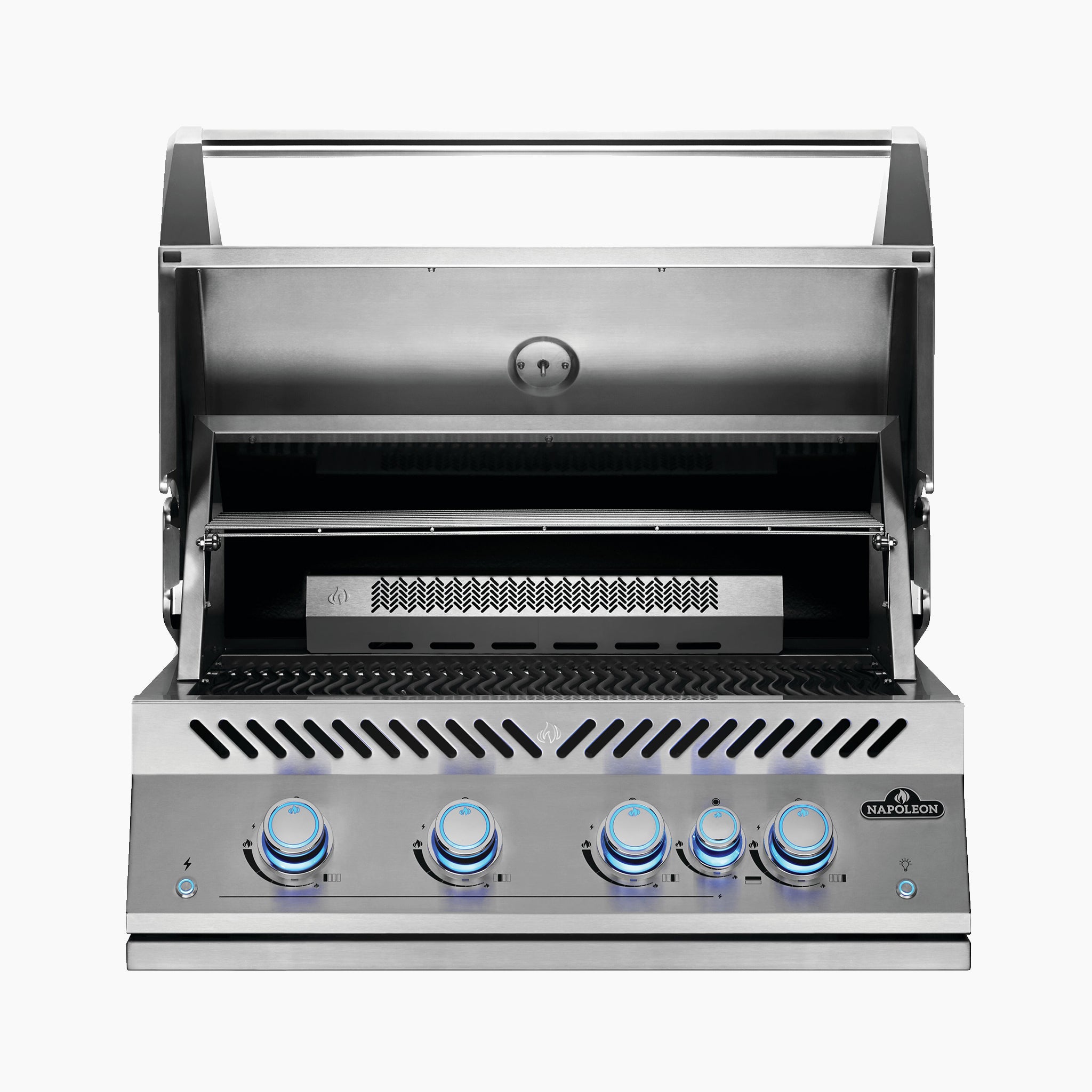 Discover the Napoleon 700 Series 32" Built-in Gas Grill, featuring a stainless steel design, an open lid, four blue-lit control knobs on the front panel, and a rear infrared burner for even cooking. Experience Napoleon's high-quality gas barbecues in your backyard.