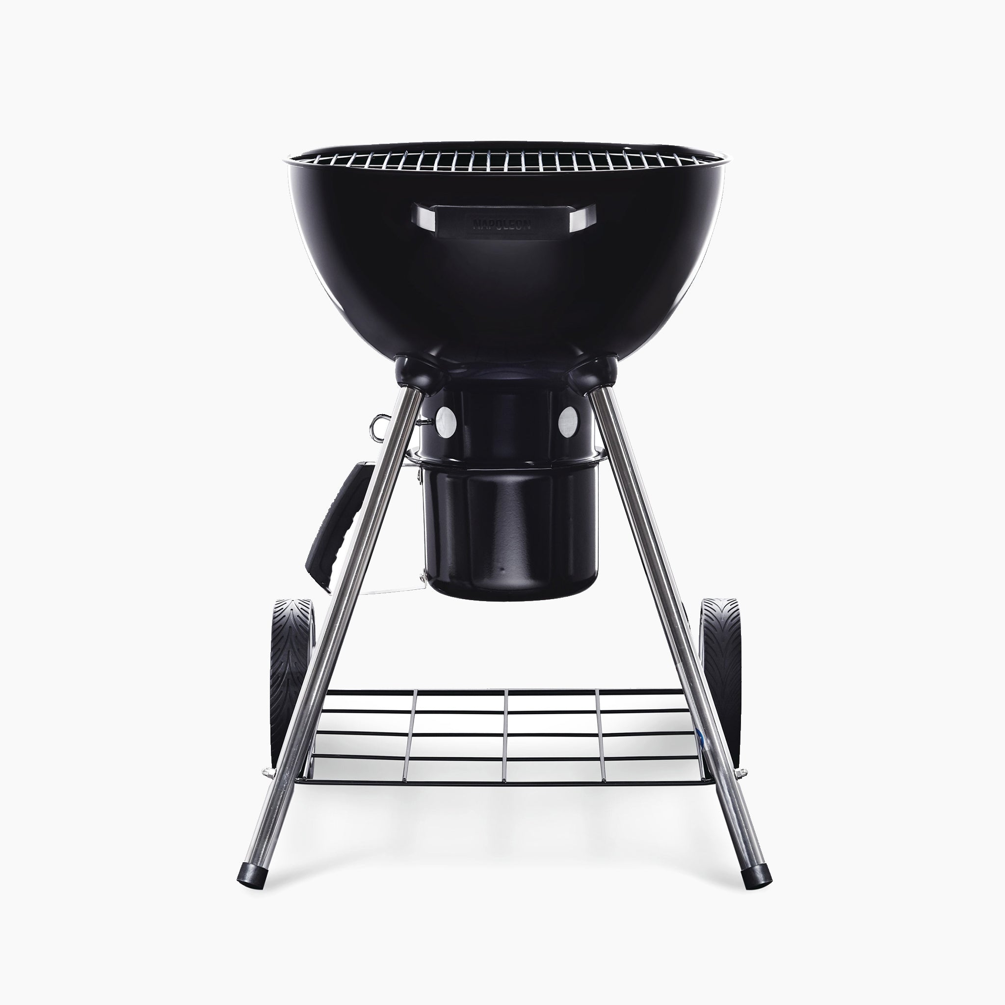 The Napoleon NK18 Charcoal Kettle Grill, a black round charcoal grill equipped with adjustable vents and an ACCU-PROBE™ Temperature Gauge, features a lid, wheels, and a lower storage rack, set against a plain white background.
