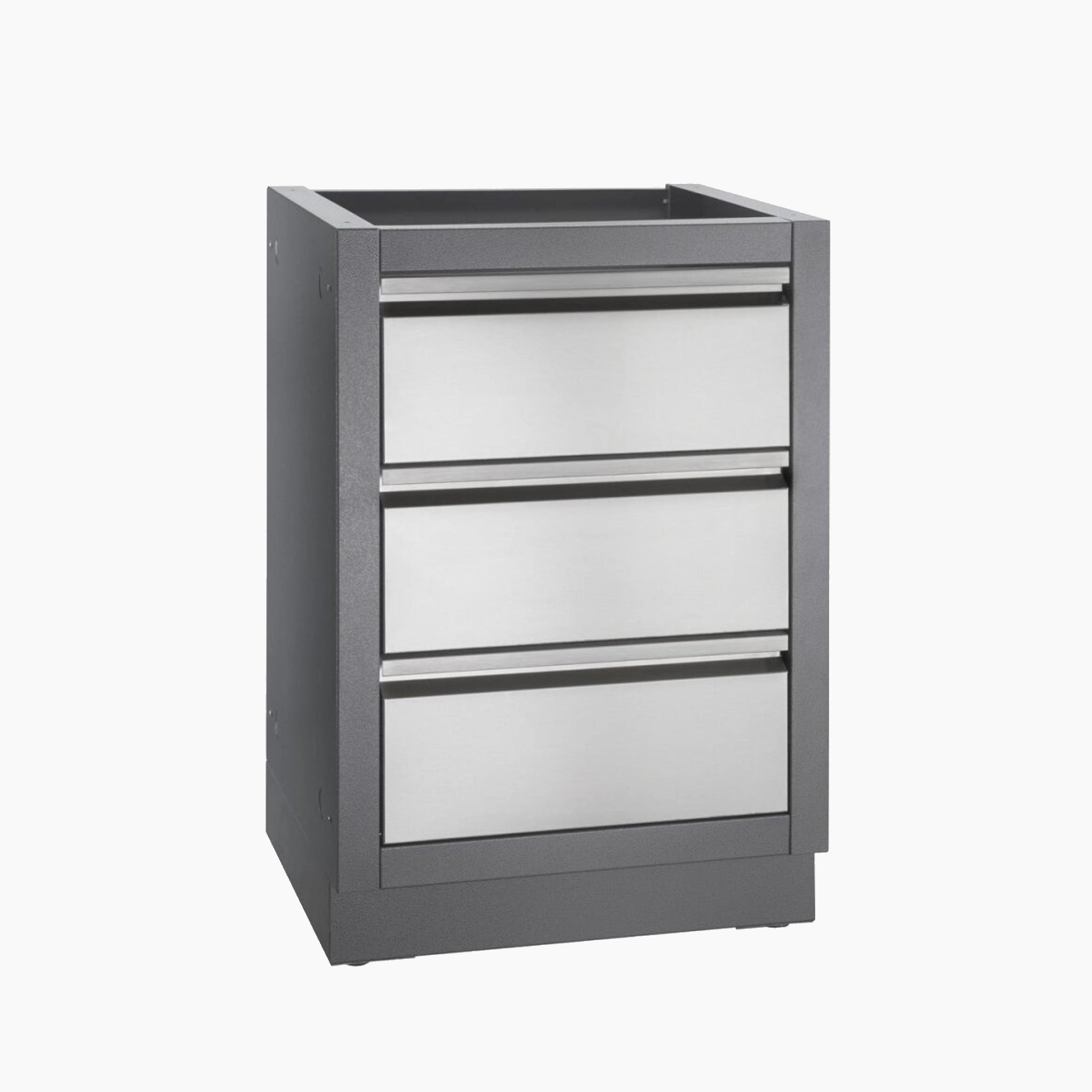 The Napoleon Oasis Two Drawer Cabinet is a sleek gray metal cabinet featuring two stainless steel drawers, set against a white background.