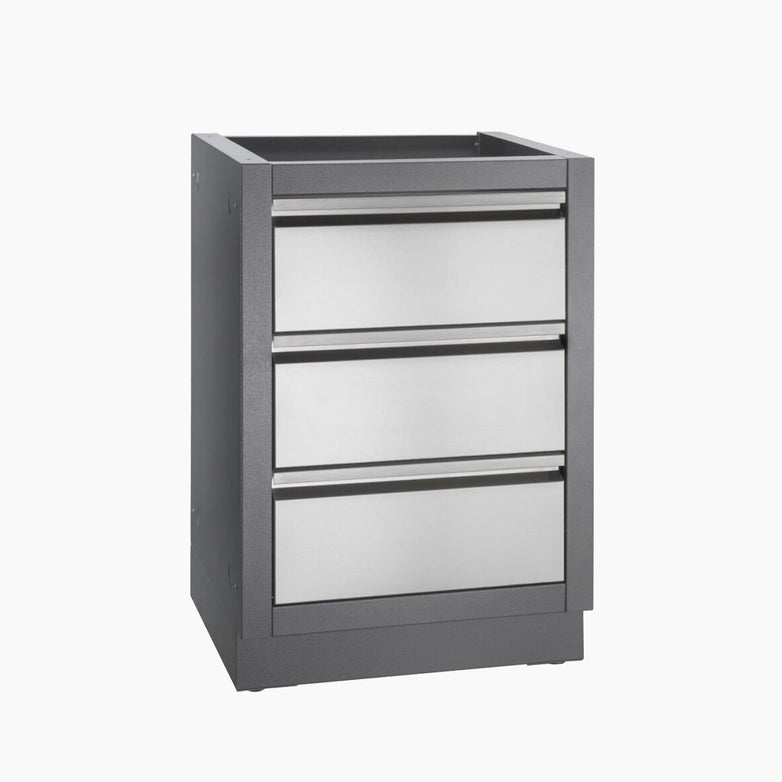 The Napoleon Oasis Two Drawer Cabinet is a sleek gray metal cabinet featuring two stainless steel drawers, set against a white background.