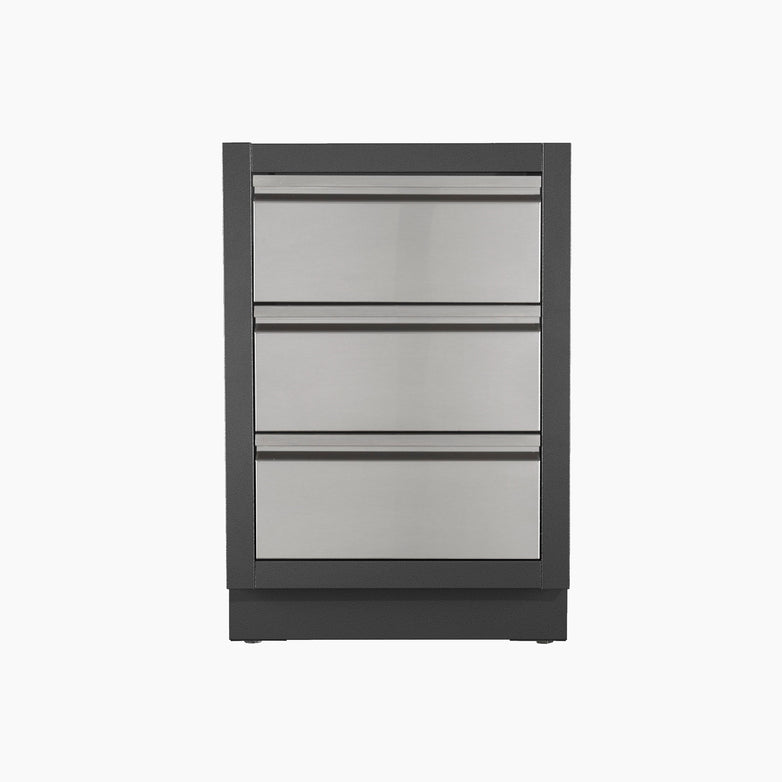 The Napoleon Oasis Three Drawer Cabinet is a modern piece featuring sleek stainless steel drawer fronts and a black frame. Perfect for an outdoor kitchen or additional storage space, this stylish cabinet is shown against a plain white background.