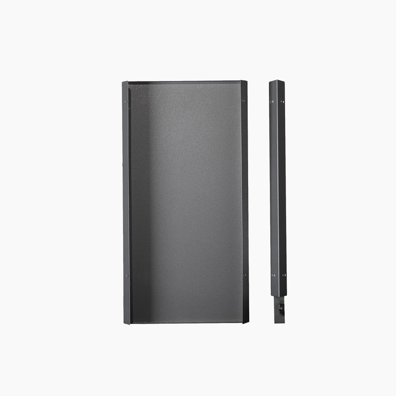 Two dark gray, rectangular metal panels, one large and one narrow, are displayed vertically against a white background. These sleek pieces evoke the precision of the Napoleon Oasis™ 45° Transition Piece, ideal for complementing any OASIS™ outdoor kitchen setup.