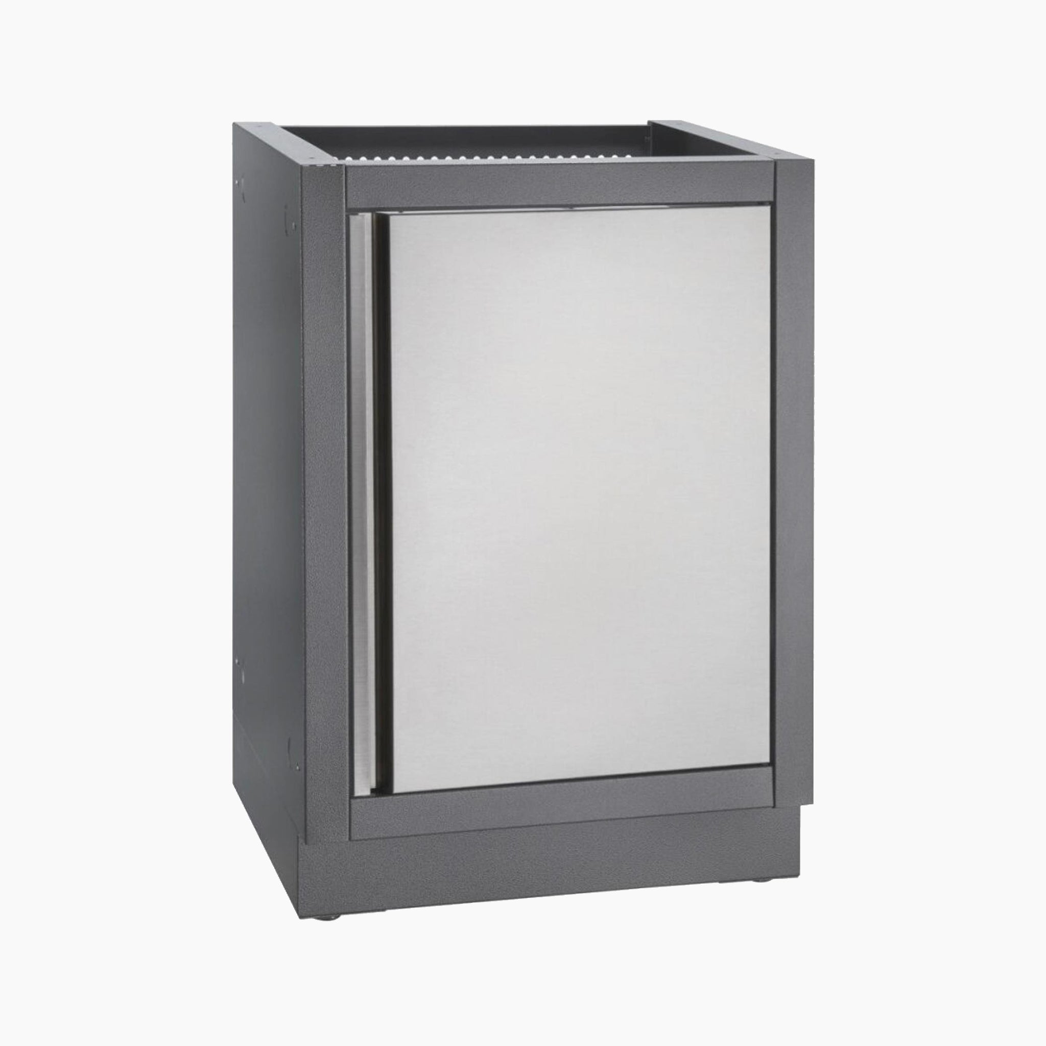 A stainless steel outdoor refrigerator with a grey frame stands alone on a white background, seamlessly integrating into any Napoleon Oasis Universal Cabinet for your outdoor kitchen setup.