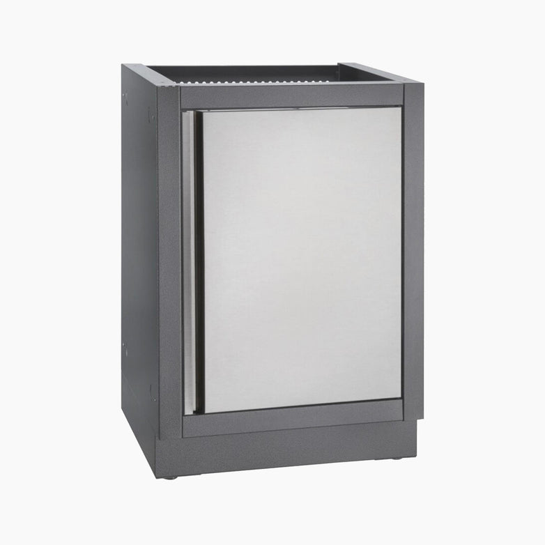 A stainless steel outdoor refrigerator with a grey frame stands alone on a white background, seamlessly integrating into any Napoleon Oasis Universal Cabinet for your outdoor kitchen setup.