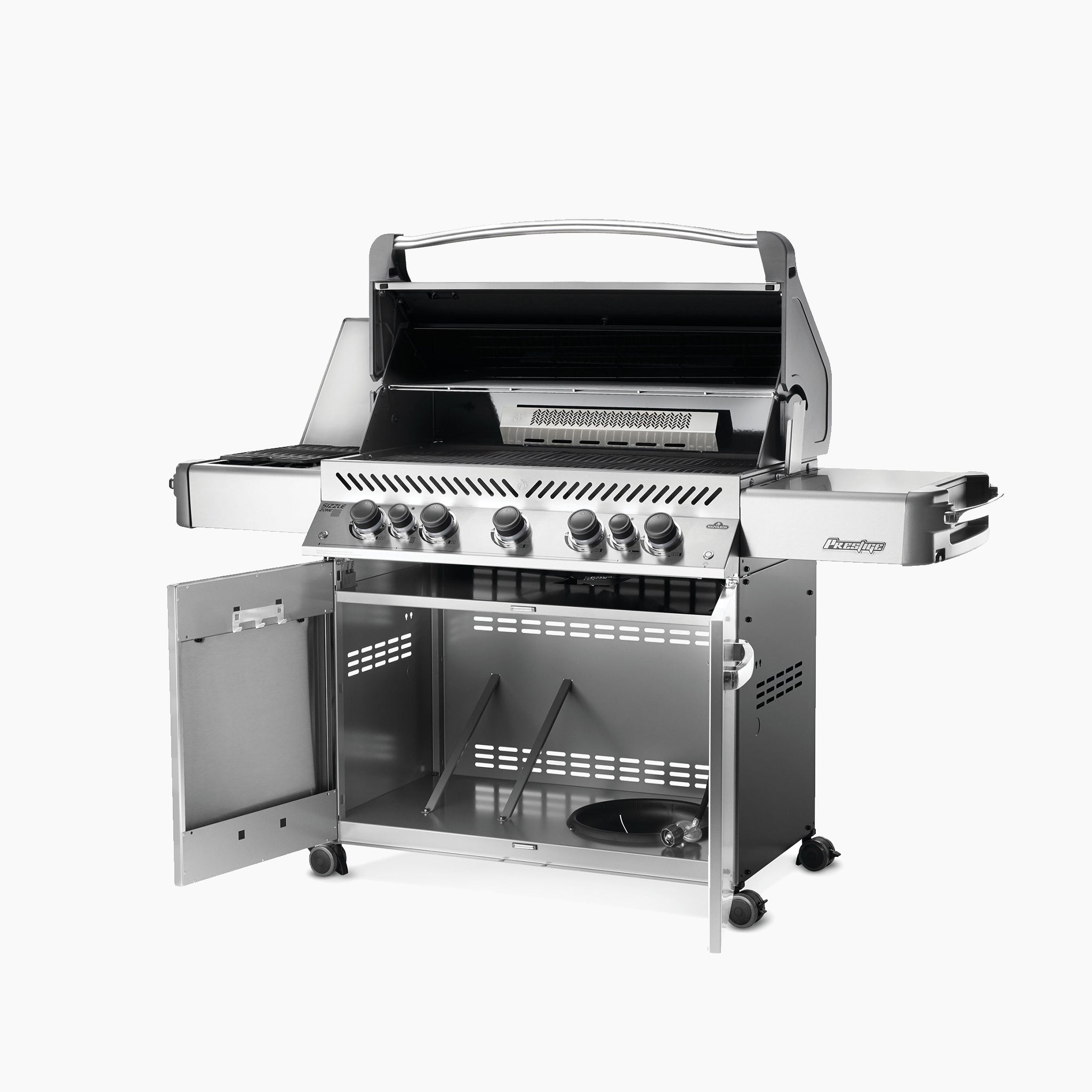 The Napoleon Prestige 665 RSIB Gas Barbecue, crafted from stainless steel and equipped with infrared burners and a propane gas setup, includes multiple control knobs, an open storage compartment, side shelves, and wheels for easy mobility.