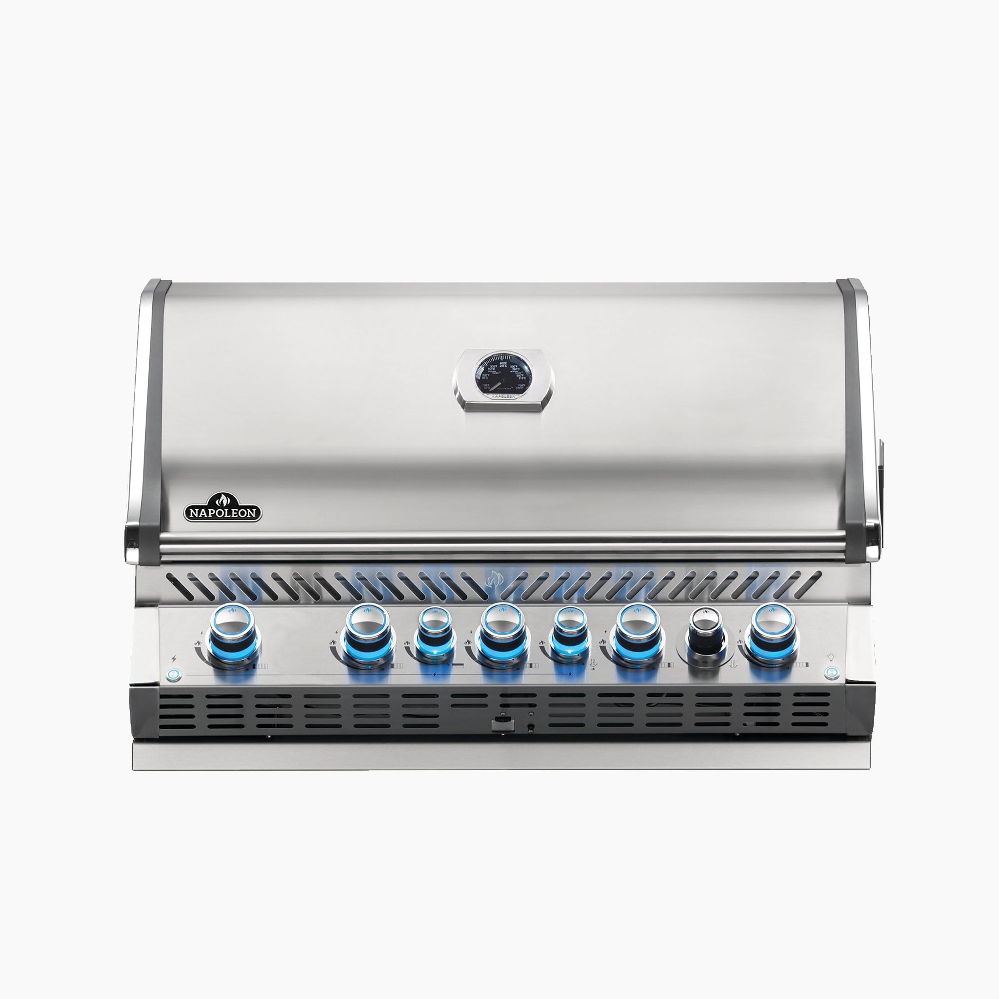Napoleon Prestige Pro 665 Built-in Propane Gas Grill with stainless steel construction, blue-lit knobs, an infrared rear burner, and a lid-mounted thermometer, viewed from the front.