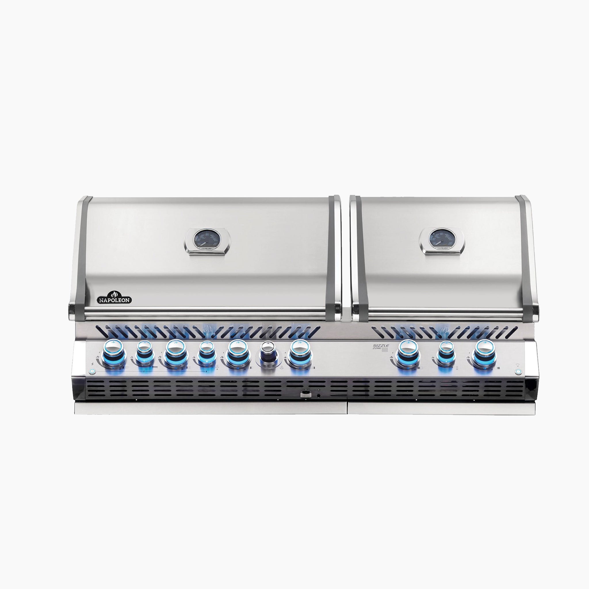 The Napoleon Prestige Pro 825 Built-in Gas Grill features a stainless steel construction, six blue-lit control knobs, dual hoods with temperature gauges, and an infrared rear burner.