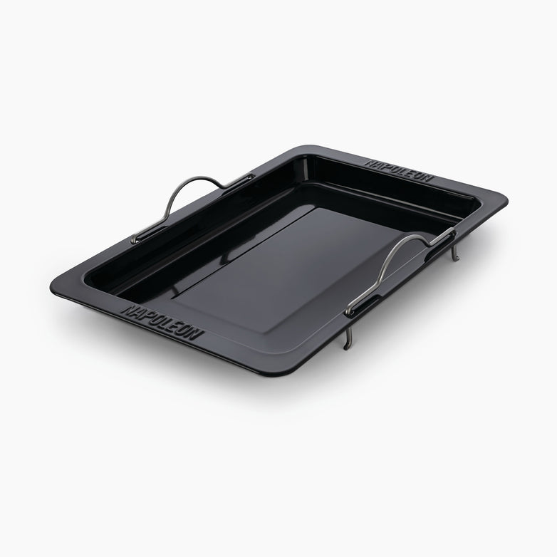 The Napoleon Grill Roasting Pan is a rectangular black grilling pan with metal handles on each side, placed on a white background—a must-have in your barbecue accessories for drop-in grill roasting pan setups.