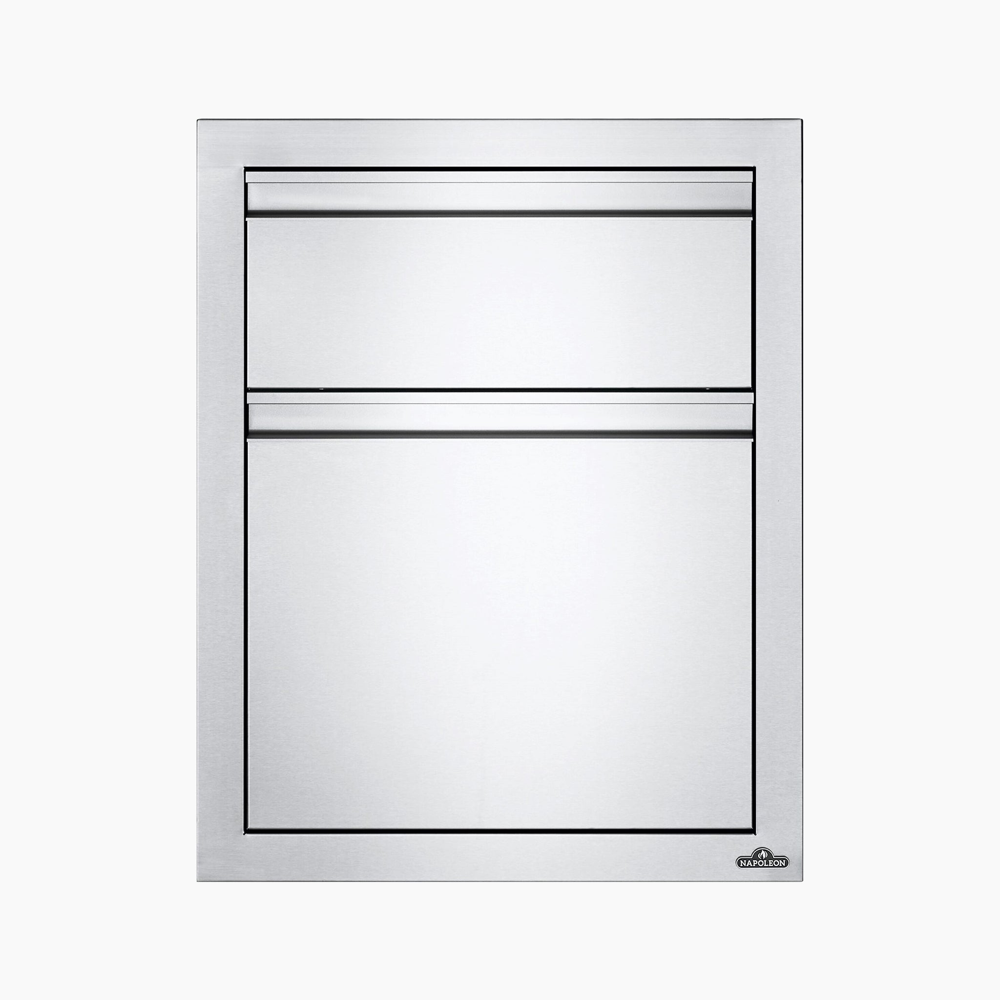 The Napoleon Oasis Waste Drawer Cabinet is a stainless steel outdoor kitchen double drawer unit with a sleek, minimalist design and a powder-coated rectangular shape.