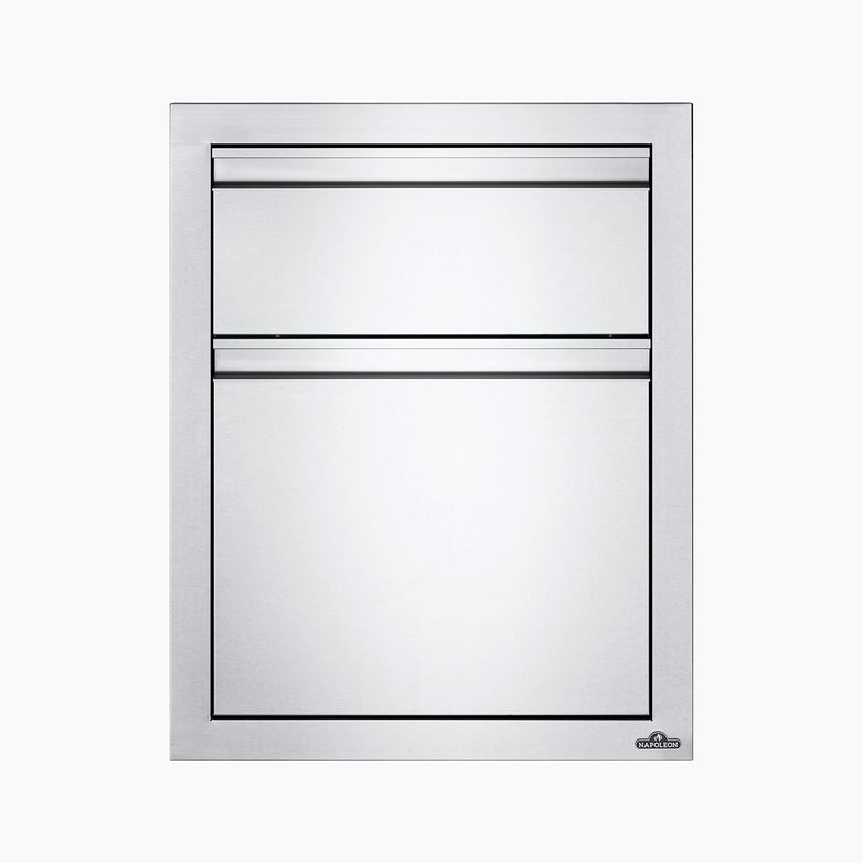 The Napoleon Oasis Waste Drawer Cabinet is a stainless steel outdoor kitchen double drawer unit with a sleek, minimalist design and a powder-coated rectangular shape.