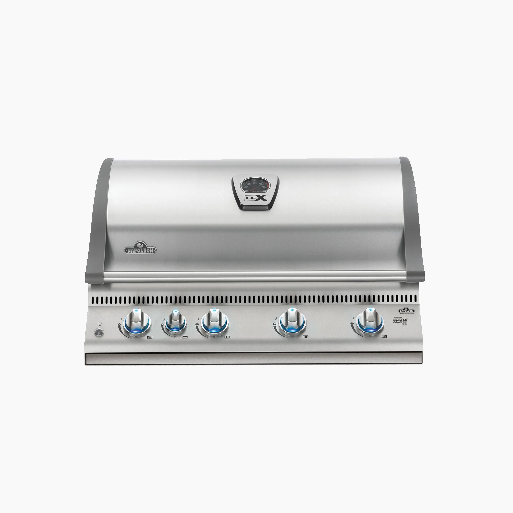 The Napoleon Lex 605 Built-in Gas Grill features four control knobs, a hood with a temperature gauge, and an infrared burner for precise grilling.