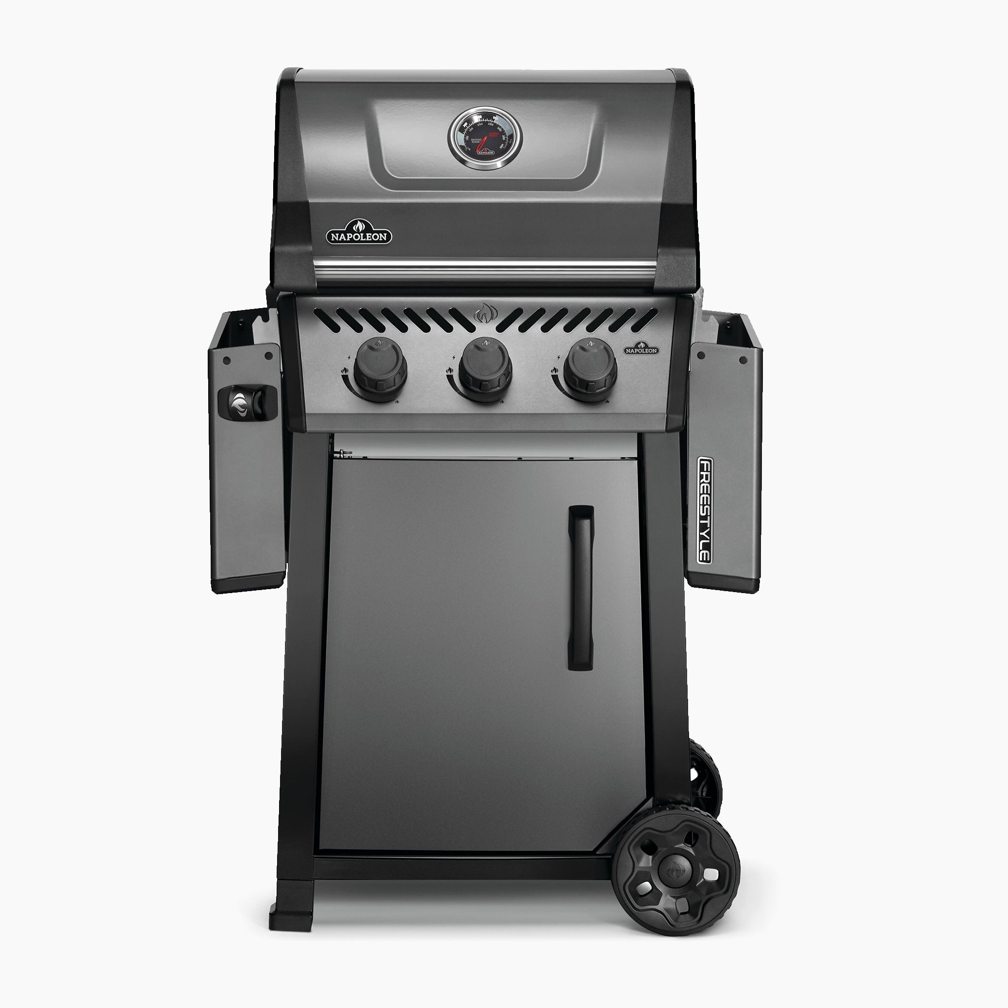The Napoleon Freestyle 365 Gas Barbecue features three control knobs, a built-in thermometer, cast iron cooking grids, the reliable JETFIRE ignition system, and convenient storage underneath. Crafted with stainless steel and powered by propane gas, it offers a premium grilling experience.