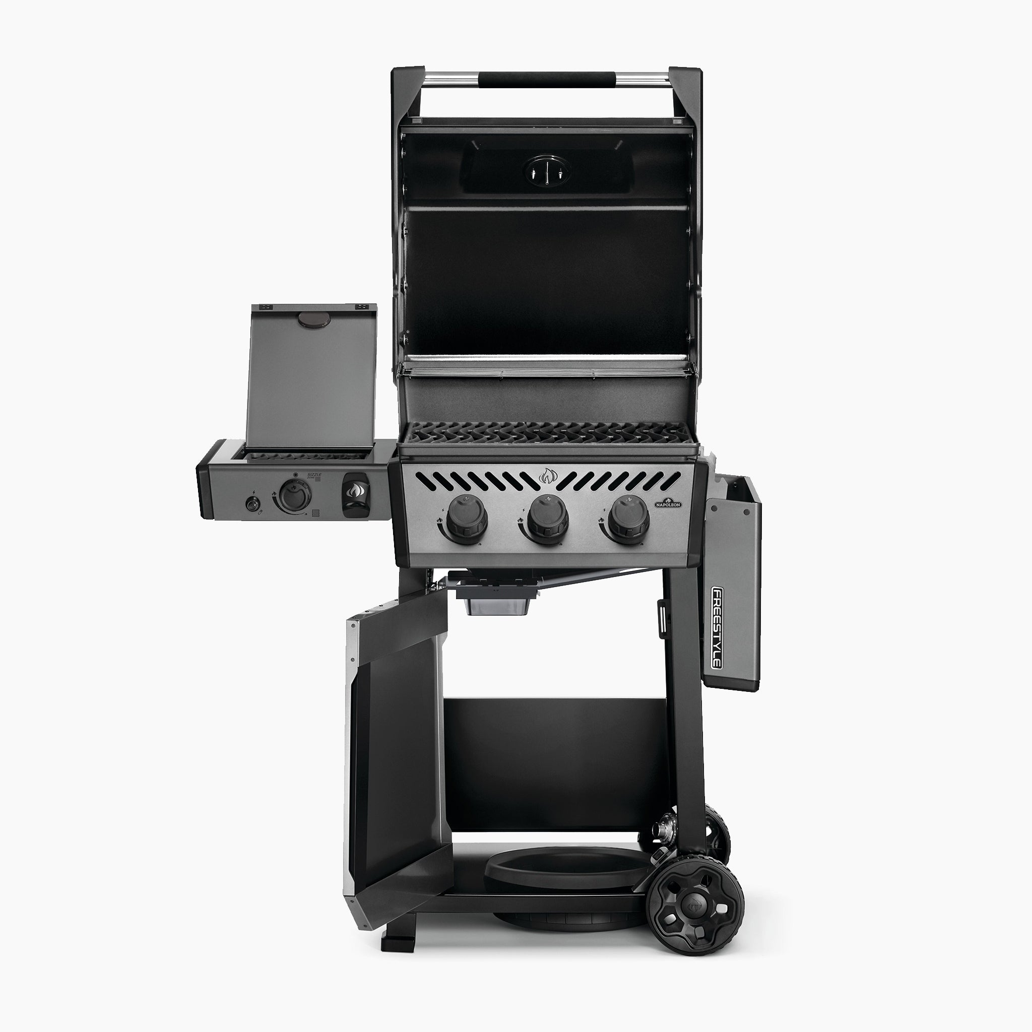 The Napoleon Freestyle 365 Gas Barbecue features a three-burner gas grill with a side burner, a bottom storage compartment on a wheeled stand, and durable cast iron cooking grids.