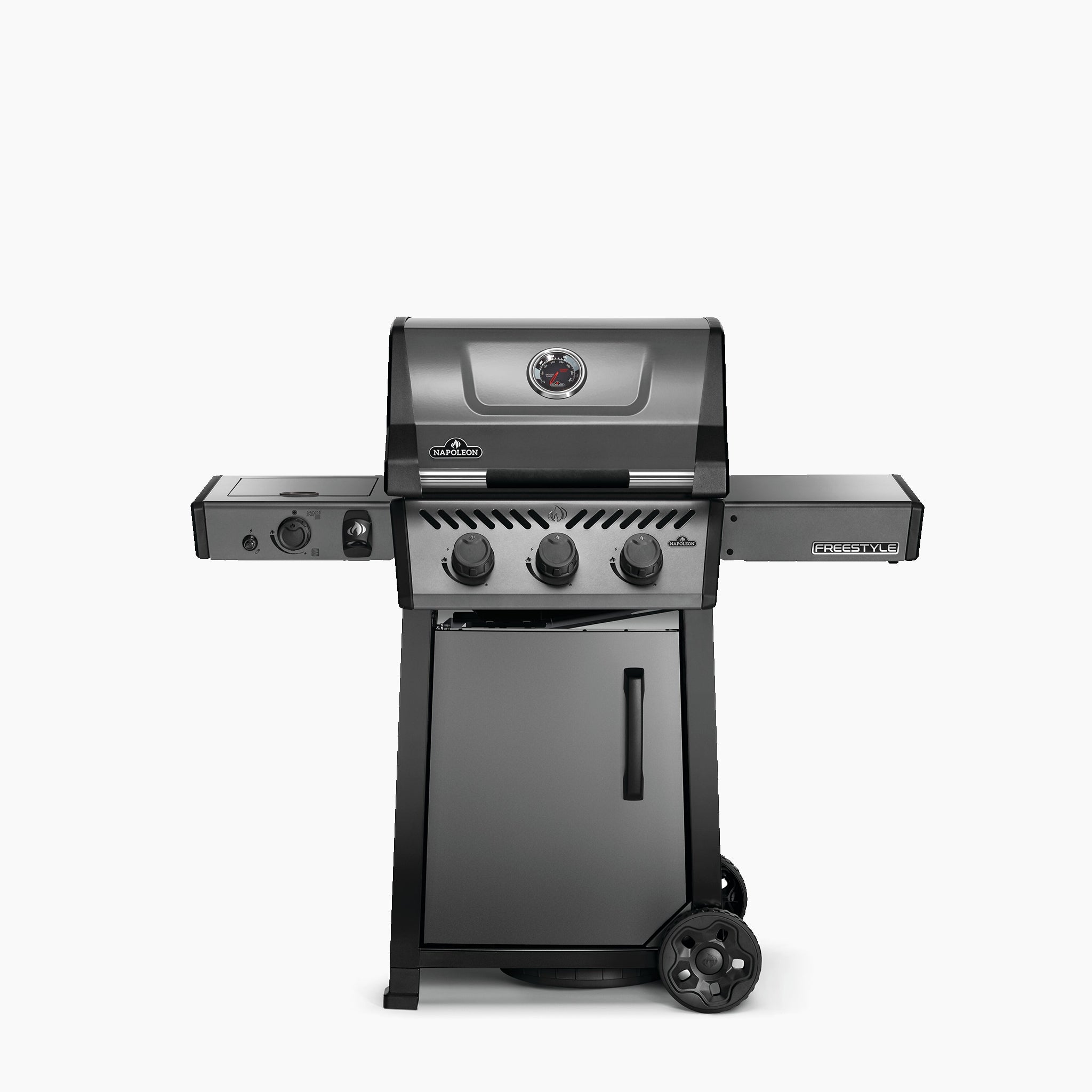 A Napoleon Freestyle 365 Gas Barbecue with cast iron cooking grids, three knobs, side burners, and wheels for mobility, shown against a white background.