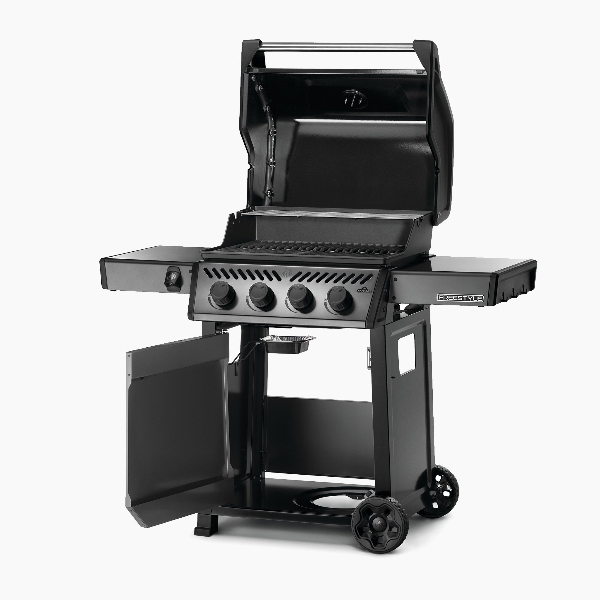 The Napoleon Freestyle 425 Gas Barbecue in sleek black features an open lid, side shelves, control knobs, and a convenient storage cabinet on wheels. It is equipped with durable cast iron porcelainized enamel cooking grids and the dependable JETFIRE ignition system.