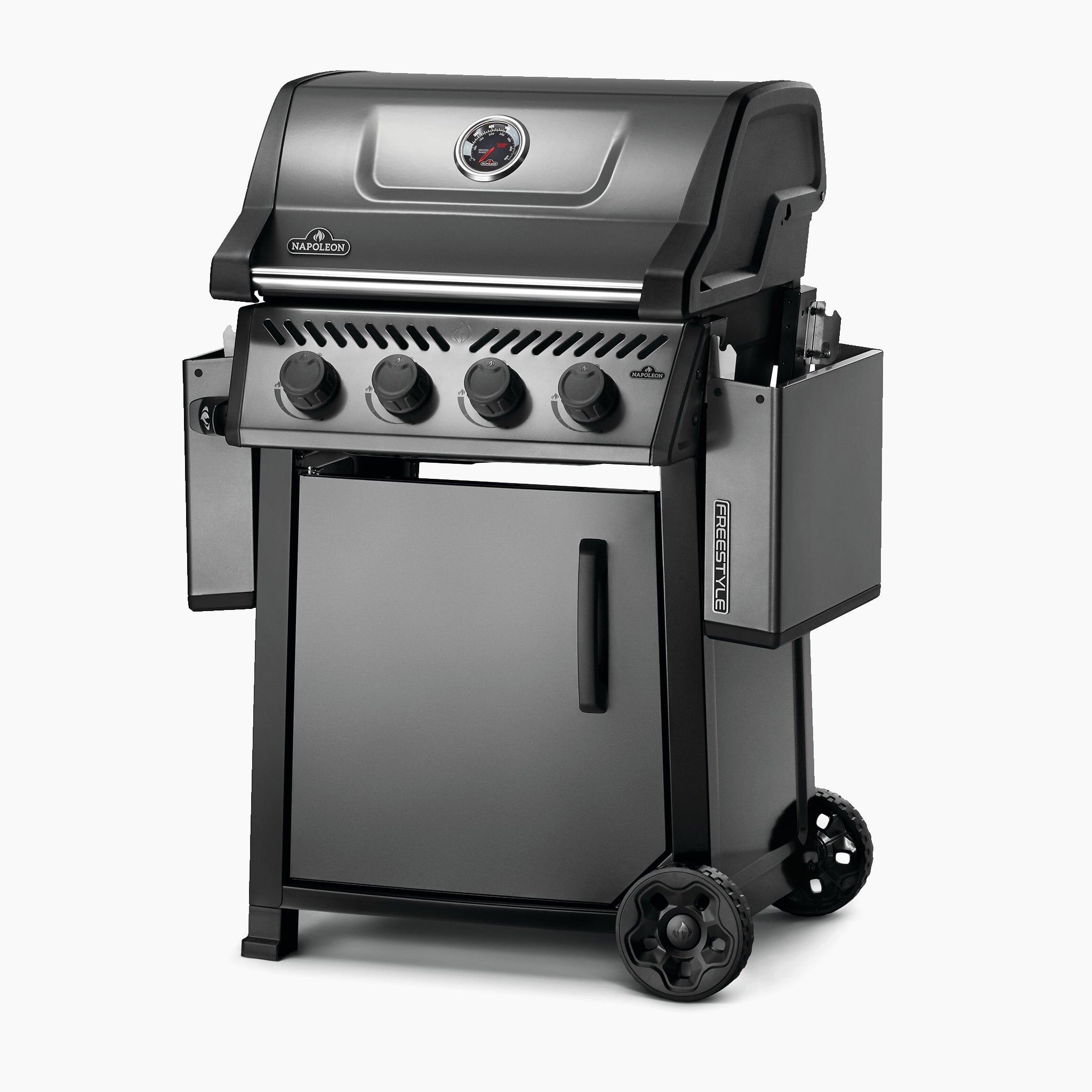The Napoleon Freestyle 425 Gas Barbecue is a sleek black and silver propane grill featuring four control knobs, a temperature gauge on the lid, and a storage cabinet below, complete with durable cast iron porcelainized enamel cooking grids.