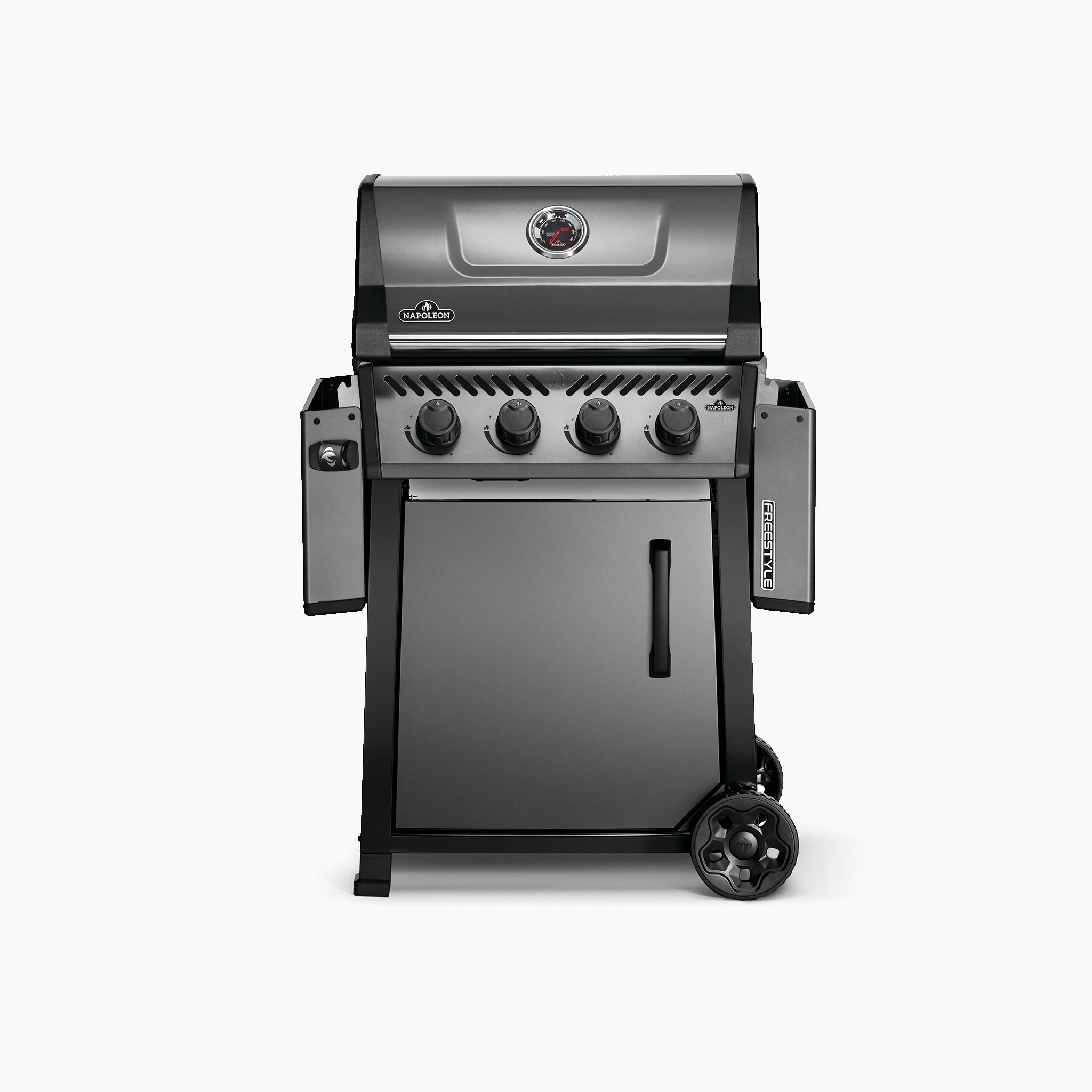 The Napoleon Freestyle 425 Gas Barbecue is a sleek black and silver outdoor grill with four knobs, side shelves, and cast iron porcelainized enamel cooking grids. Featuring wheels for mobility and a reliable JETFIRE ignition system, this Propane Gas Barbecue is perfect for any grilling aficionado.