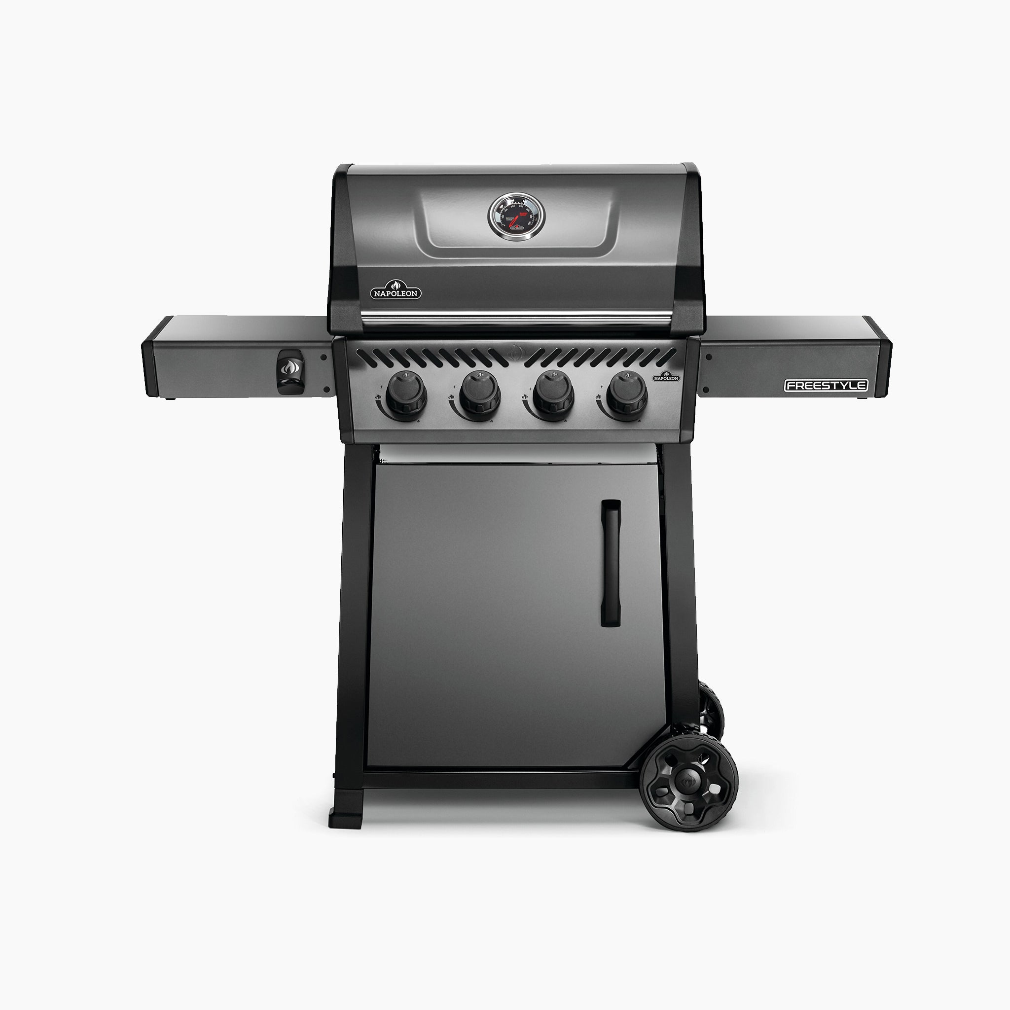 The Napoleon Freestyle 425 Gas Barbecue is a black and stainless steel propane grill that includes a lid, side shelves, four control knobs, a JETFIRE ignition system, and two wheels.