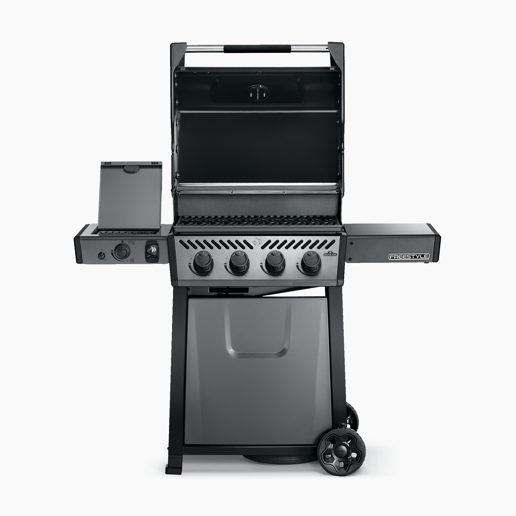 The Napoleon Freestyle 425 SIB Gas Barbecue is a propane gas grill equipped with four burners, a side burner, a closed cabinet on wheels, the JETFIRE ignition system, and an open lid.