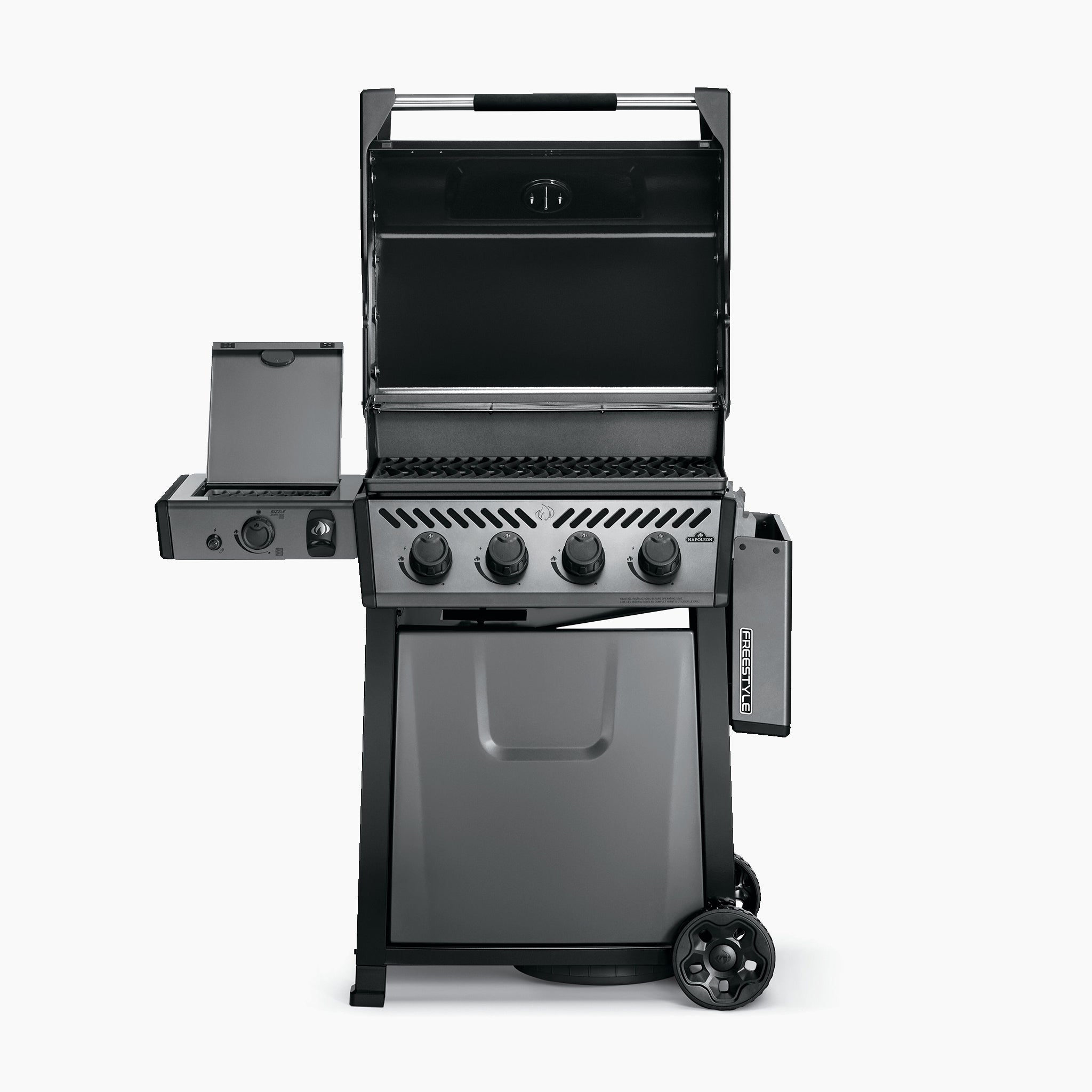 The Napoleon Freestyle 425 SIB Gas Barbecue is a stainless steel propane grill featuring four burners, an Infrared SIZZLE ZONE™ on the side, a JETFIRE ignition system, and wheels for mobility.