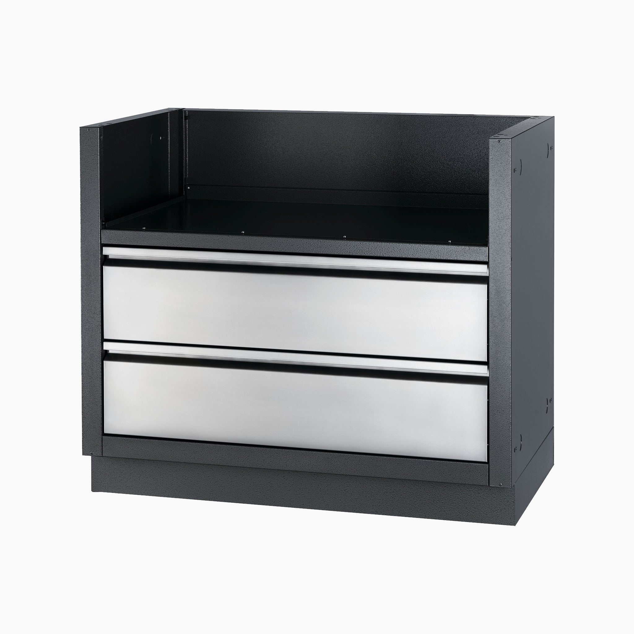 The Napoleon Oasis Under Grill Cabinet - For BIG38 is a black metal cabinet with two large, silver drawers and an open top shelf, perfect for outdoor grilling as part of your Built-In 700 Series setup.