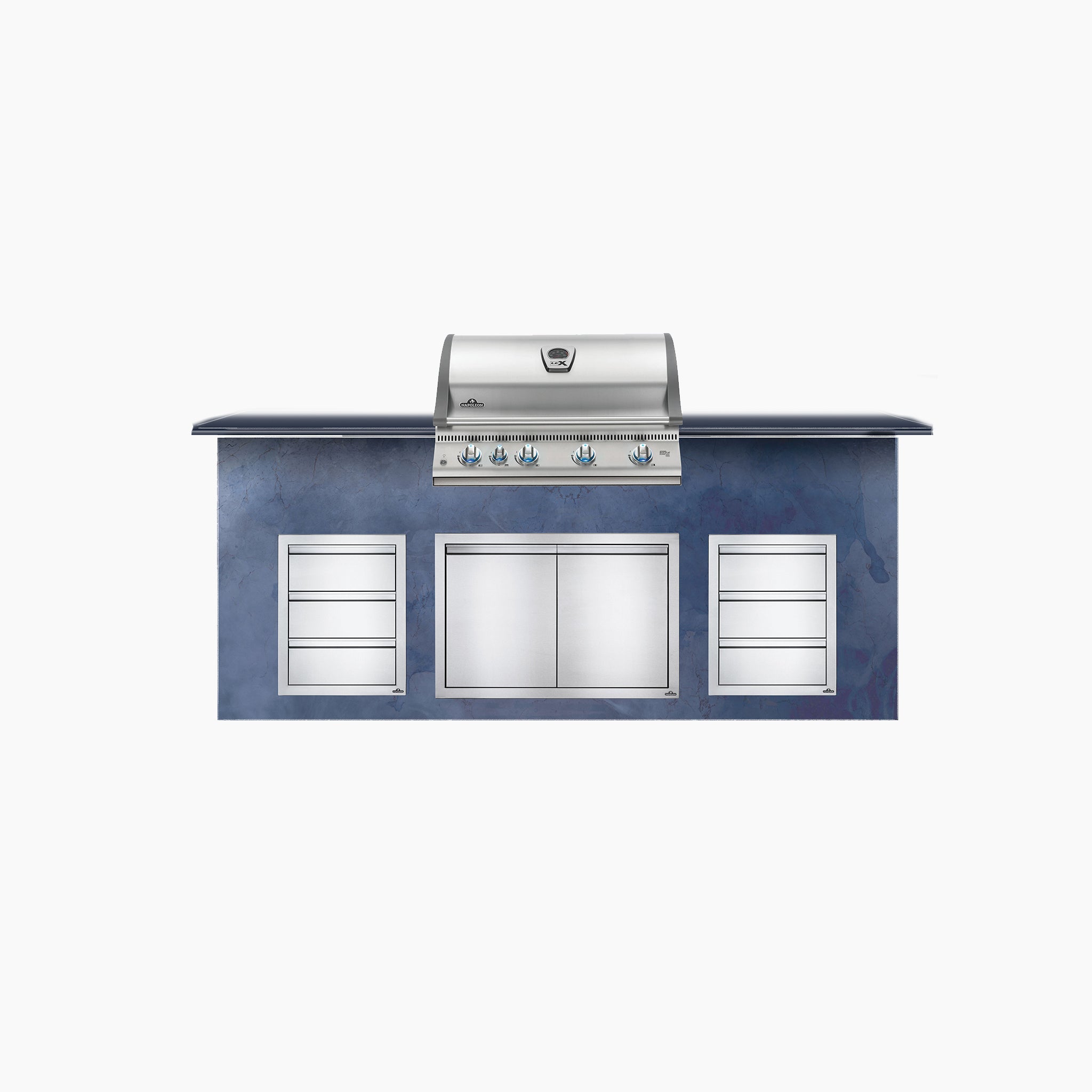 Outdoor kitchen setup with a built-in stainless steel Napoleon Lex 605 Built-in Gas Grill, side burners, and storage cabinets on a sleek counter.