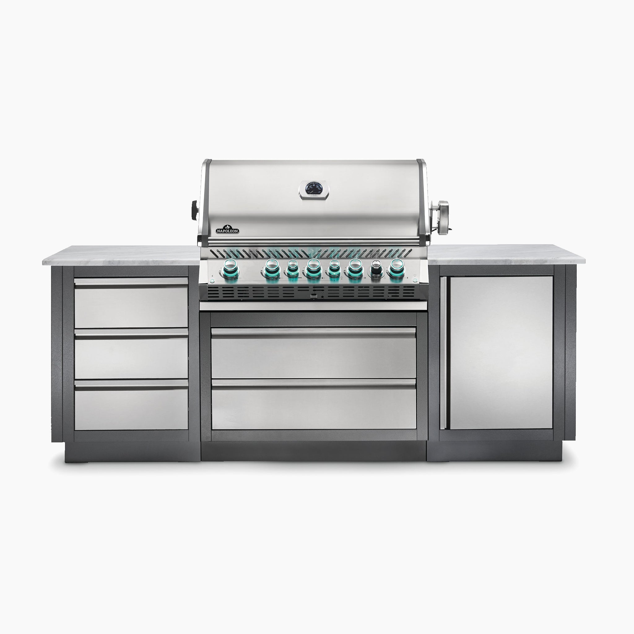 The Napoleon Prestige Pro 665 Built-in Gas Grill - Propane, constructed from stainless steel, includes side cabinets and control knobs and features an infrared rear burner, set against a white background.