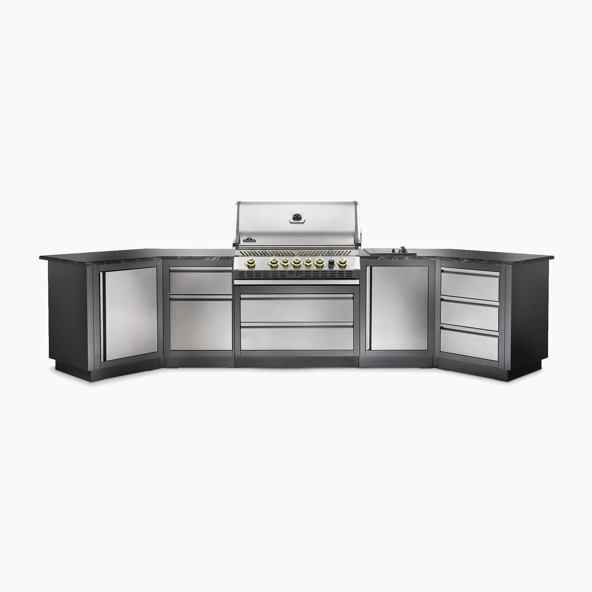 Stainless steel outdoor kitchen setup with a Napoleon Prestige Pro 665 Built-in Gas Grill - Propane, featuring an infrared rear burner, storage drawers, and compartments under a black countertop.