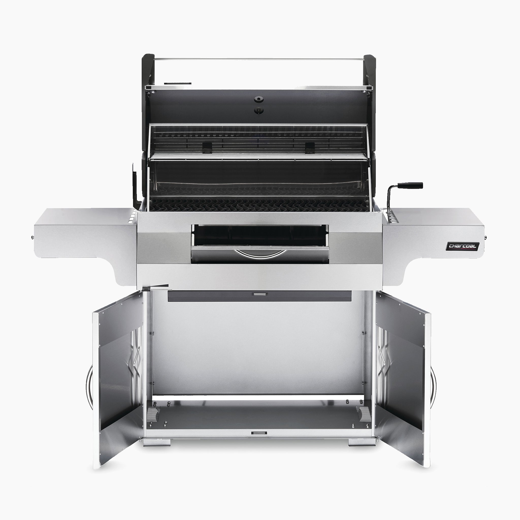 The Napoleon Charcoal Professional Barbecue is a stainless steel charcoal grill with side shelves, an open lid, and doors revealing ample storage space underneath. Perfect for any outdoor cooking enthusiast, it showcases superior quality craftsmanship.