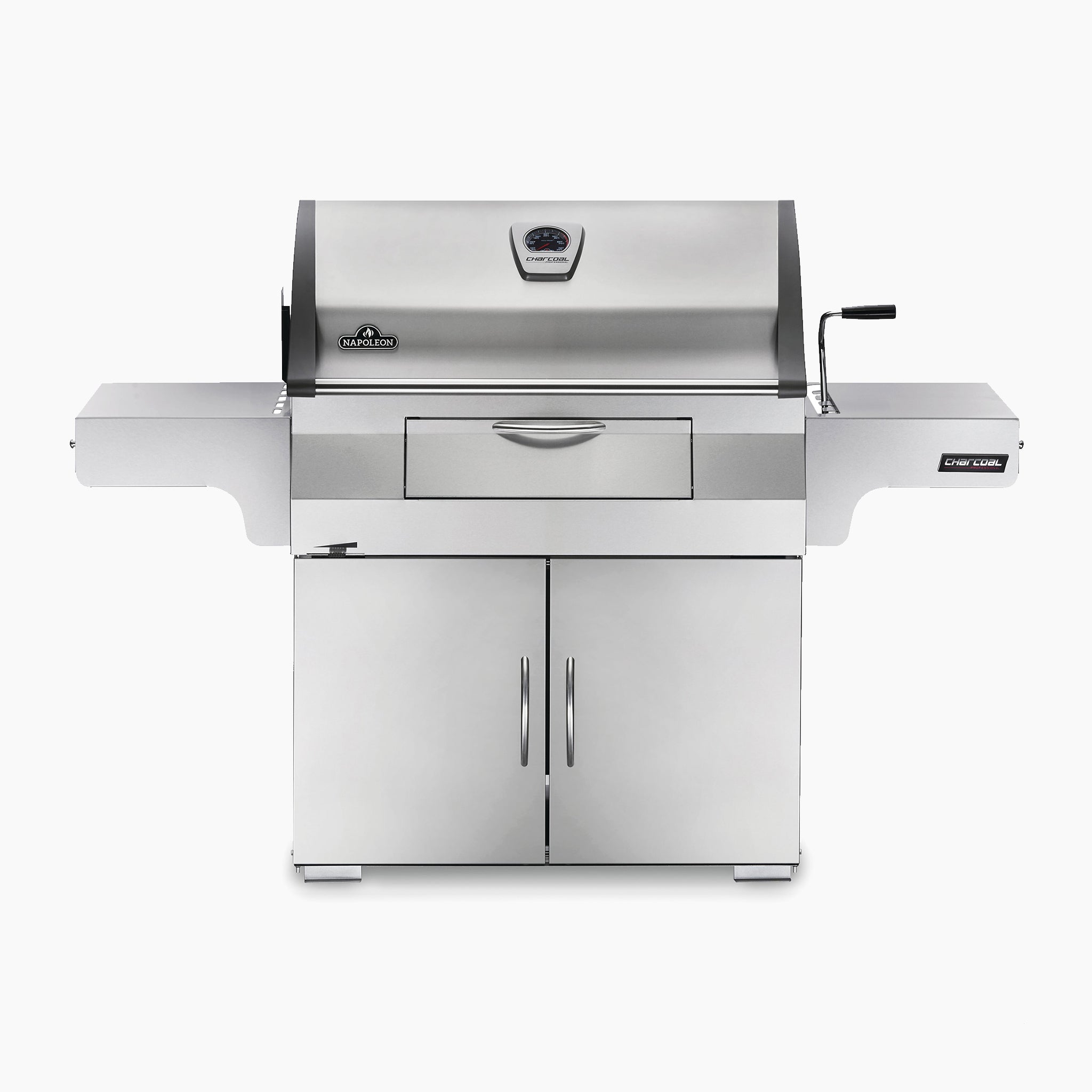 The Napoleon Charcoal Professional Barbecue features a stainless steel outdoor design with a lid, side shelves, control knob, thermometer, and two cabinet doors below. This versatile grill also includes a charcoal-powered rotisserie burner for perfectly cooked meals every time.