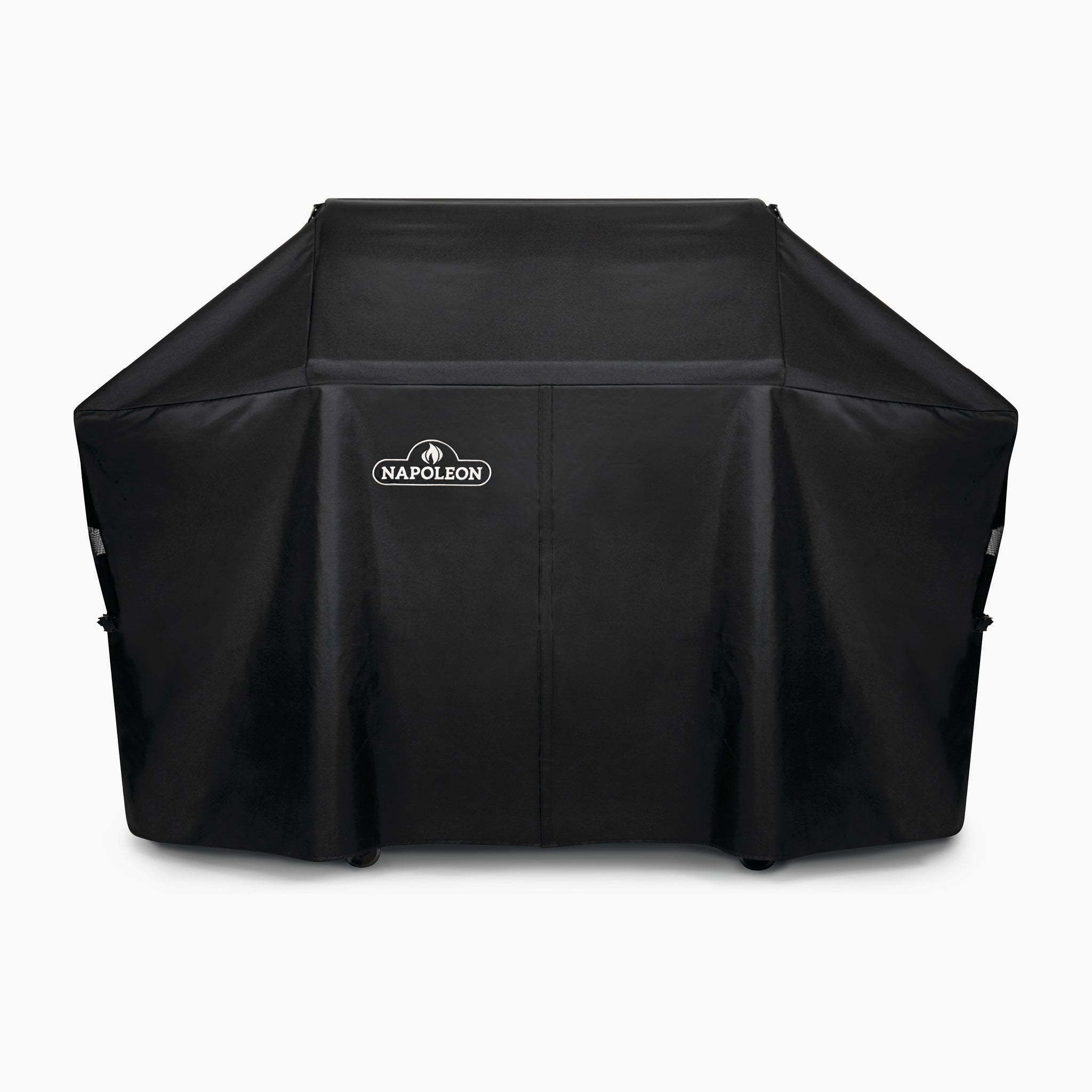 The Napoleon Pro 665 Cover, featuring a sophisticated black design, safeguards your barbecue grill with its water-resistant fabric and UV inhibitors, all presented against a crisp white background.