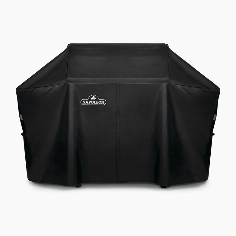 The Napoleon Pro 665 Cover, featuring a sophisticated black design, safeguards your barbecue grill with its water-resistant fabric and UV inhibitors, all presented against a crisp white background.