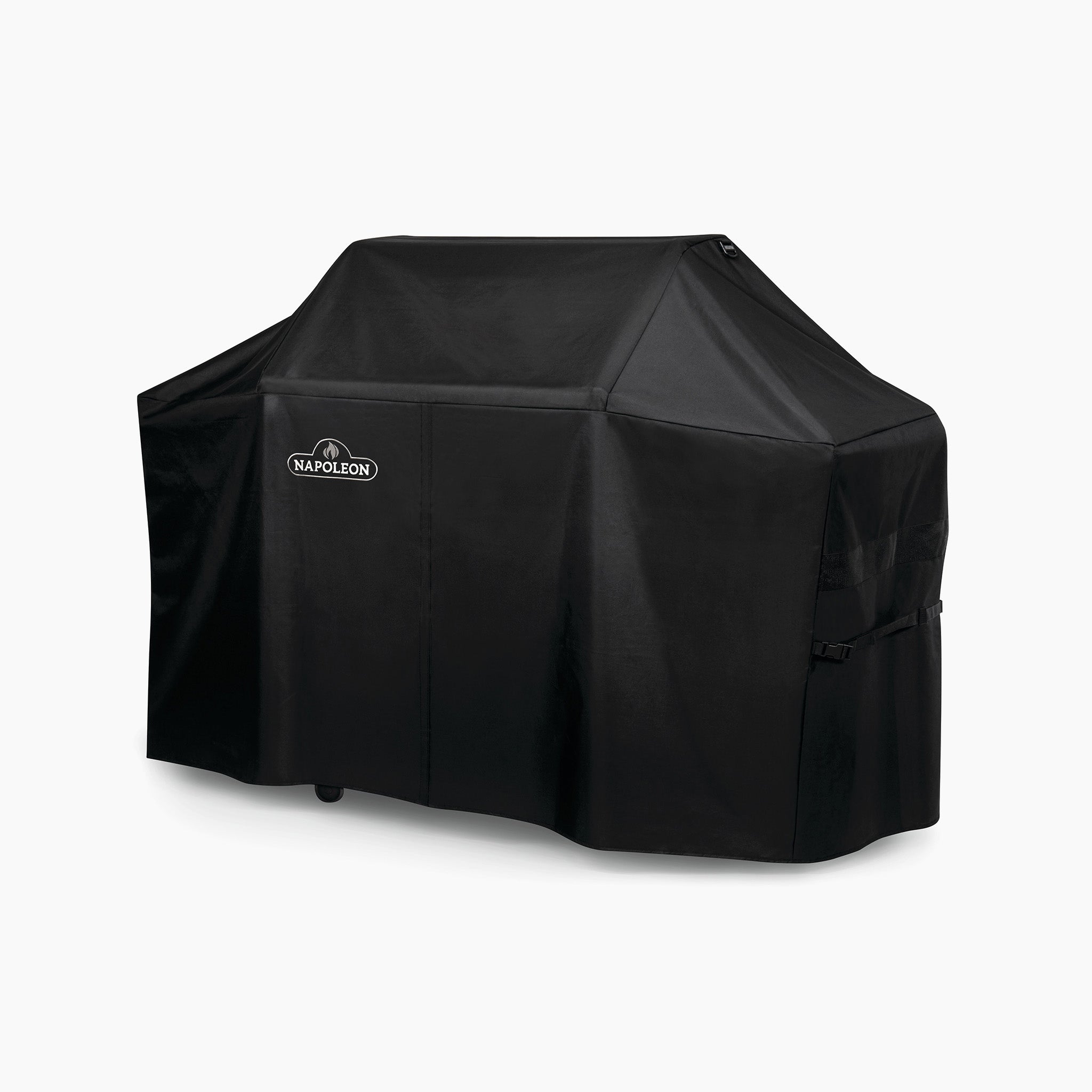 Description: Napoleon Pro 665 Cover for black barbecue grills, featuring premium UV inhibitors and water-resistant fabric with a stylish Napoleon logo on the front.