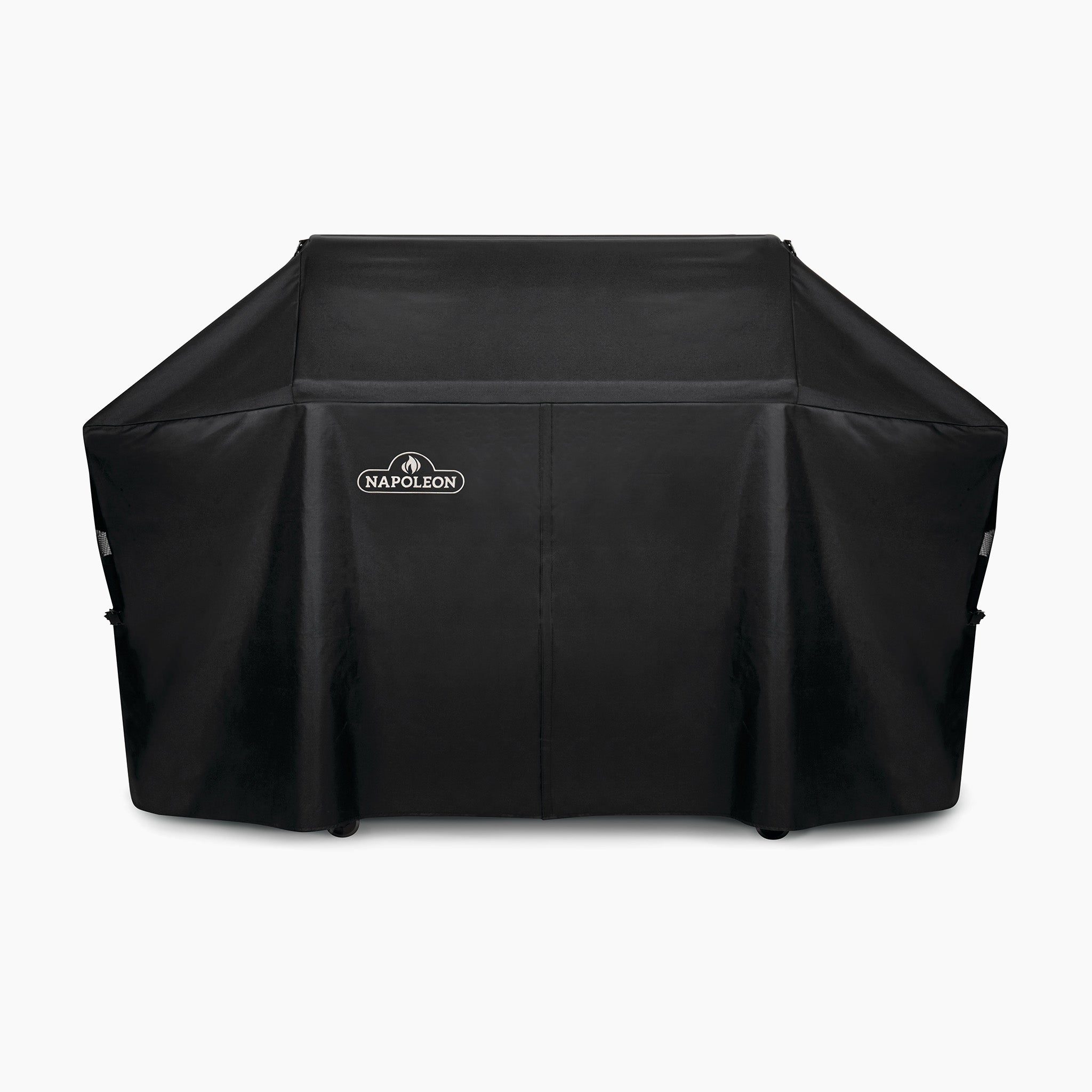The Napoleon Pro 825 Models Cover, made of water-resistant fabric, shields a large outdoor grill against a white background and features adjustable straps for a secure fit.