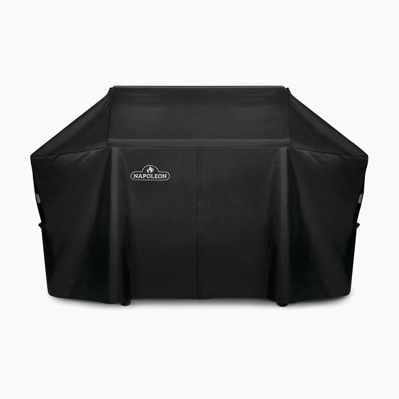 Napoleon Pro 825 Models Cover draped over a large outdoor grill against a white background, offering reliable weather protection.