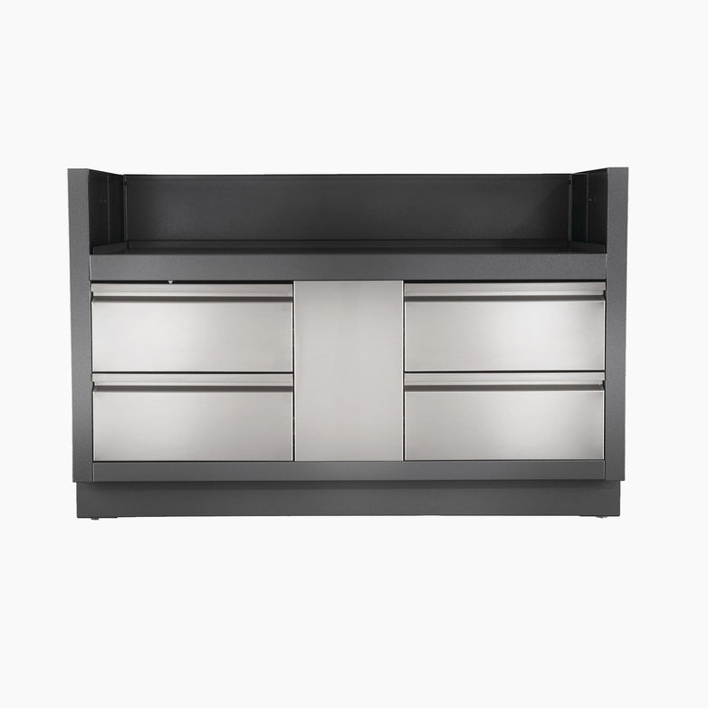 The Napoleon Oasis Under Grill Cabinet - For BIPRO825 features a sleek black and silver metal design with six drawers and a flat top surface, making it the perfect addition to an outdoor grilling OASIS™, shown against a plain background.