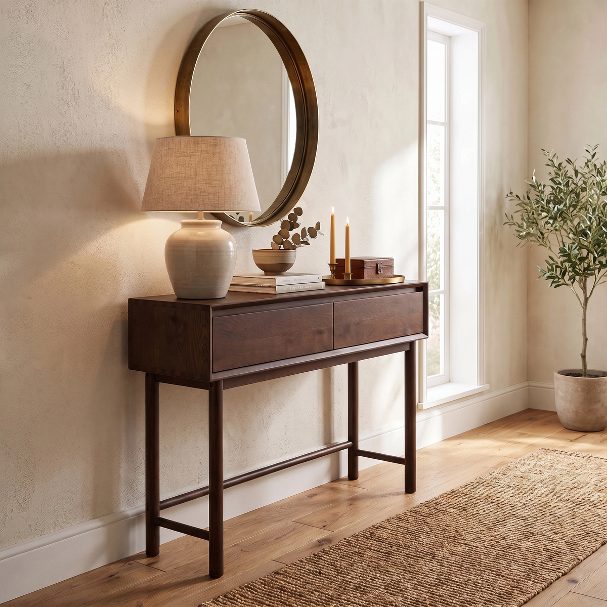 Oslo 2 Drawer Console Table in Walnut with a lamp, candles, books, round mirror, and plant by a window in a cozy hallway.
