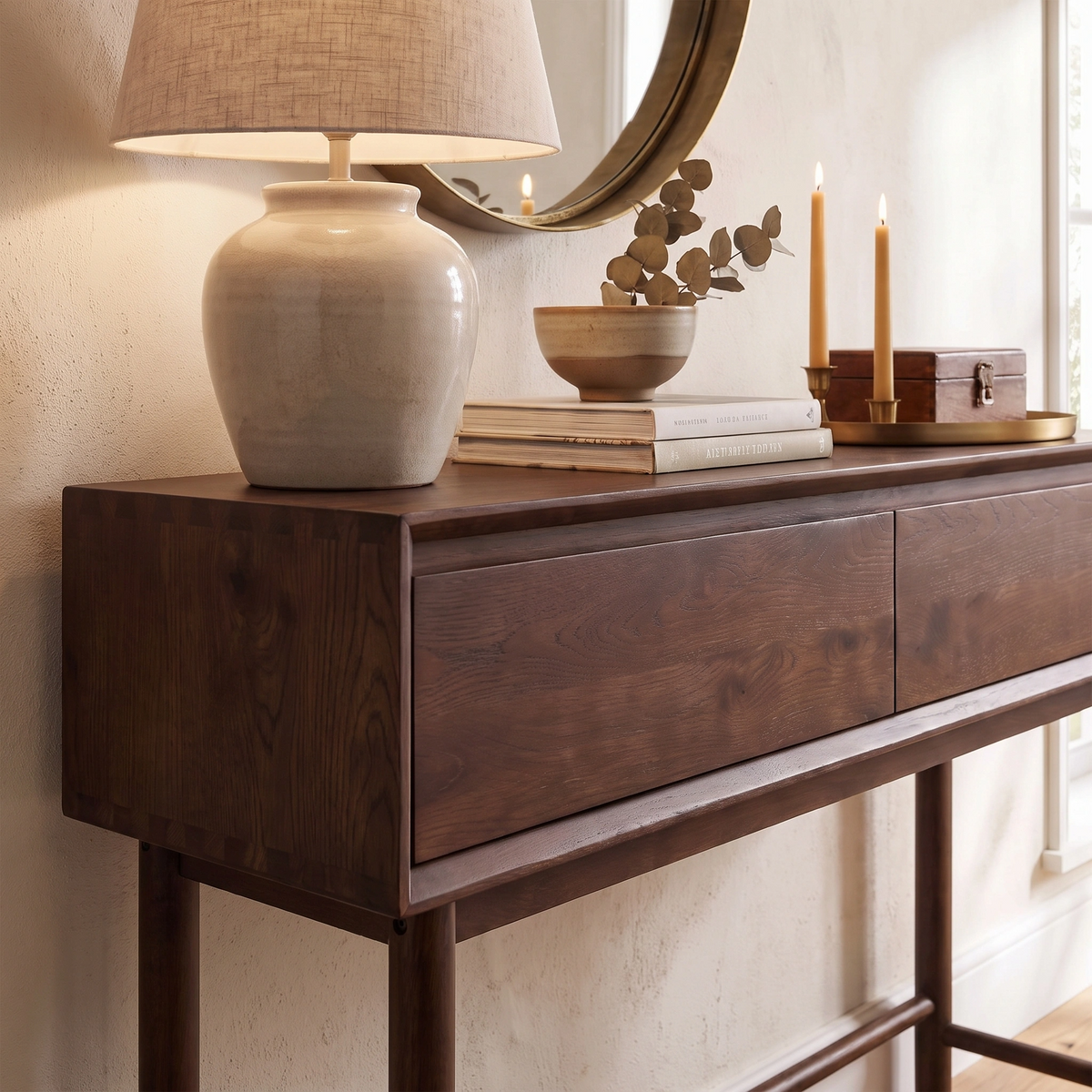The Oslo 2 Drawer Console Table in Walnut beautifully showcases books, a ceramic lamp, candles, and a bowl, while a round mirror on the wall completes the look. This elegant walnut hallway table seamlessly combines style and functionality to enhance any modern space.