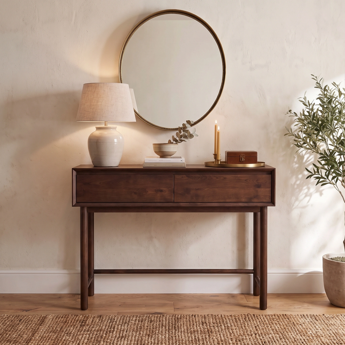 Oslo 2 Drawer Console Table in Walnut styled with a lamp, candle, books, and a round mirror above, set against a cream wall.