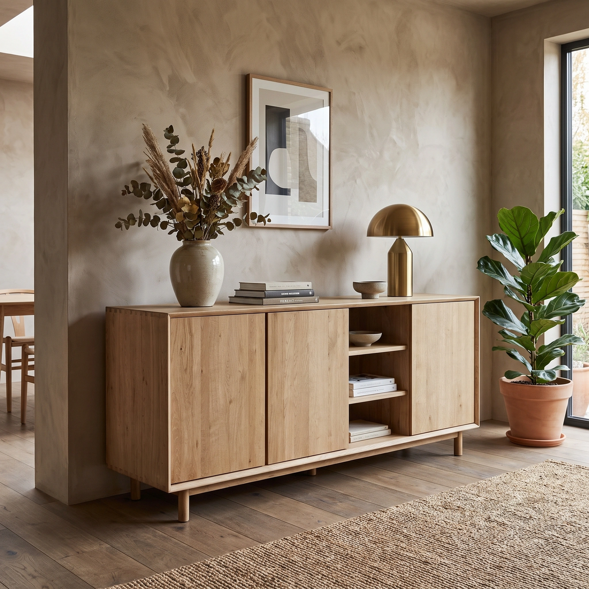 The Oslo 3 Door Sideboard with Shelves in Light Oak, featuring adjustable shelving, is styled in a modern sunlit room with decorative items, including a vase, a lamp, and a potted plant displayed on top.