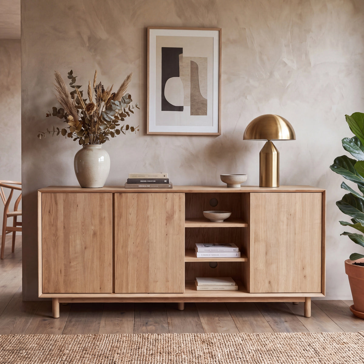 Styled in a cozy room with neutral walls, the Oslo 3 Door Sideboard with Shelves in Light Oak is accented by abstract art, a gold lamp, and lush plants. Its adjustable shelving provides both style and flexibility for your space.