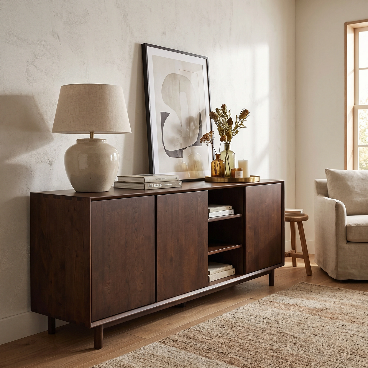 The Oslo 3 Door Sideboard with Shelves in Walnut is showcased in a cozy, light-filled living room, styled with a lamp, abstract art, and vases.
