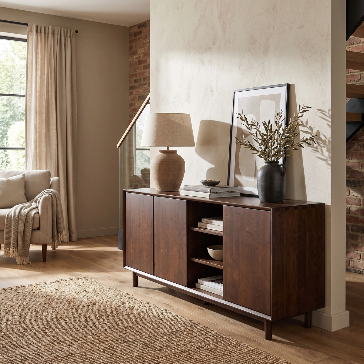 Cozy and sunlit, the living room features the Oslo 3 Door Sideboard with Shelves in Walnut, adorned with a lamp, books, framed art, and a vase. This piece adds warmth and timeless style to the space.