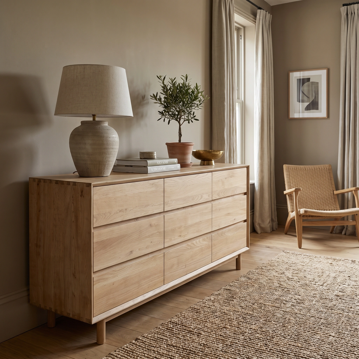 Light wood dresser with lamp, plant, and decor beside a window in a neutral, cozy bedroom—this Oslo 9 Drawer Chest in Light Oak provides generous bedroom storage while highlighting the timeless beauty of solid oak craftsmanship.