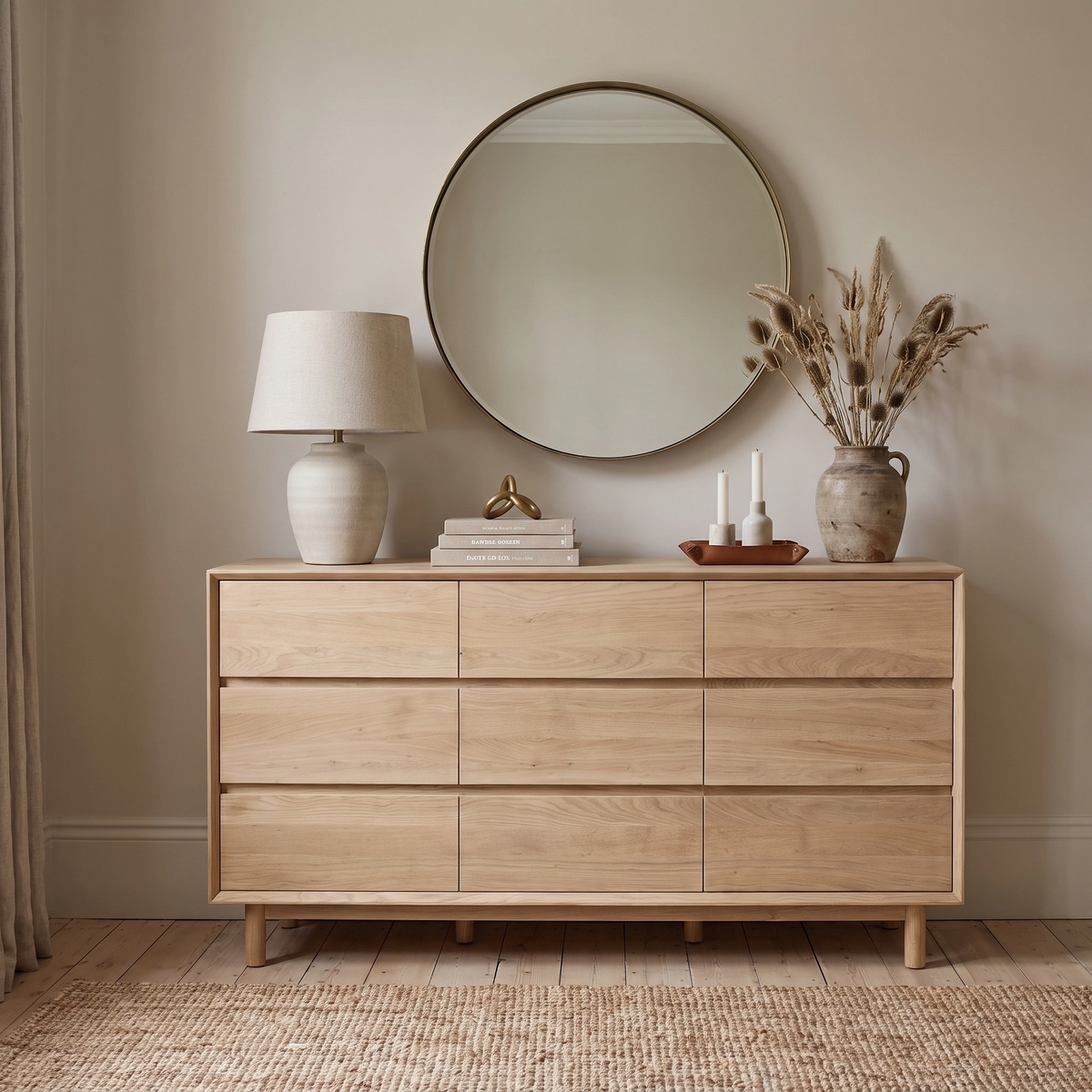 Oslo 9 Drawer Chest in Light Oak styled with a lamp, round mirror, vase of dried plants, books, and candles on top—perfect for adding stylish storage to your bedroom.