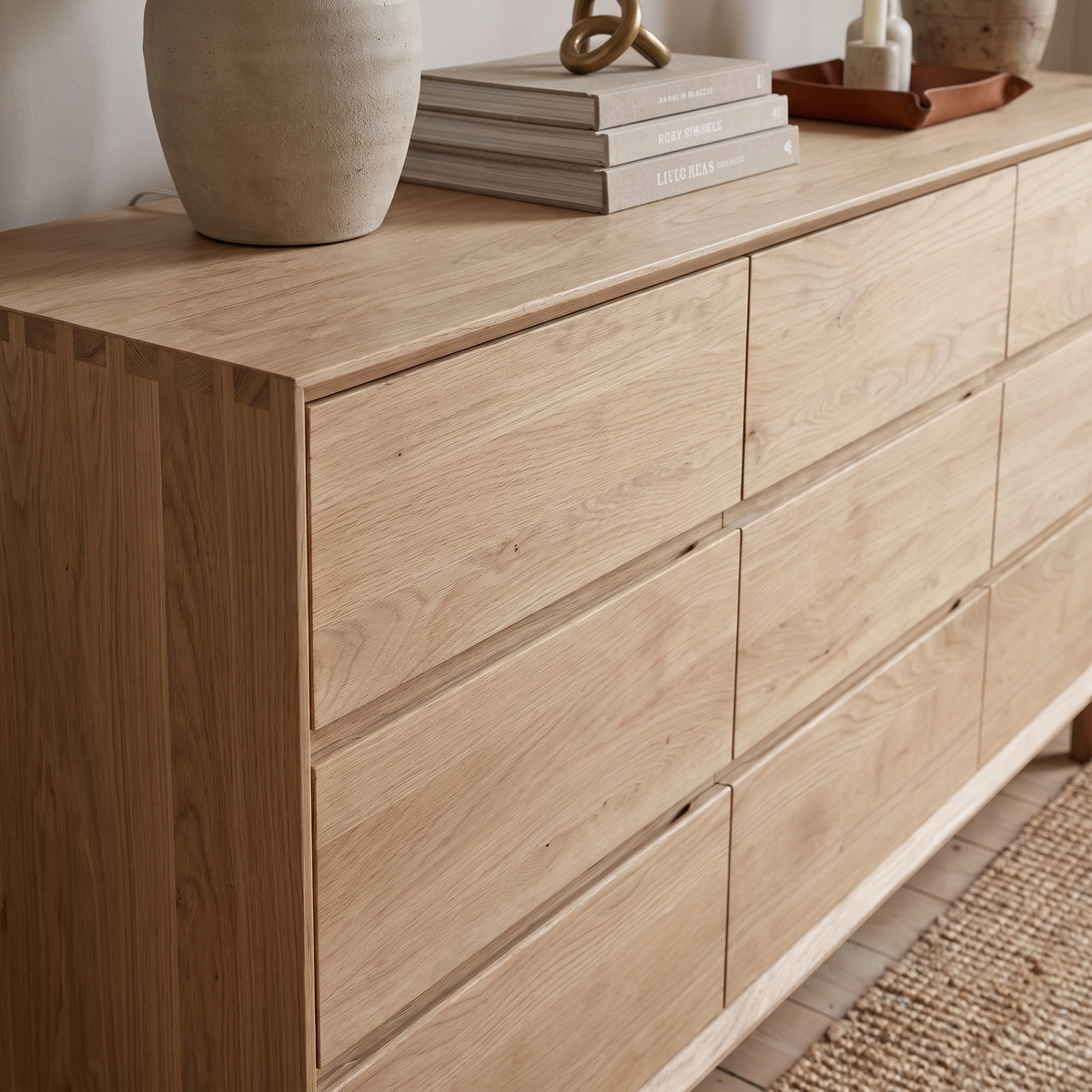 Elevate your bedroom storage with the Oslo 9 Drawer Chest in Light Oak—a solid oak piece featuring nine spacious drawers and a stylish light wood finish, ideal for displaying books, vases, or trays on top while blending elegance with practicality.