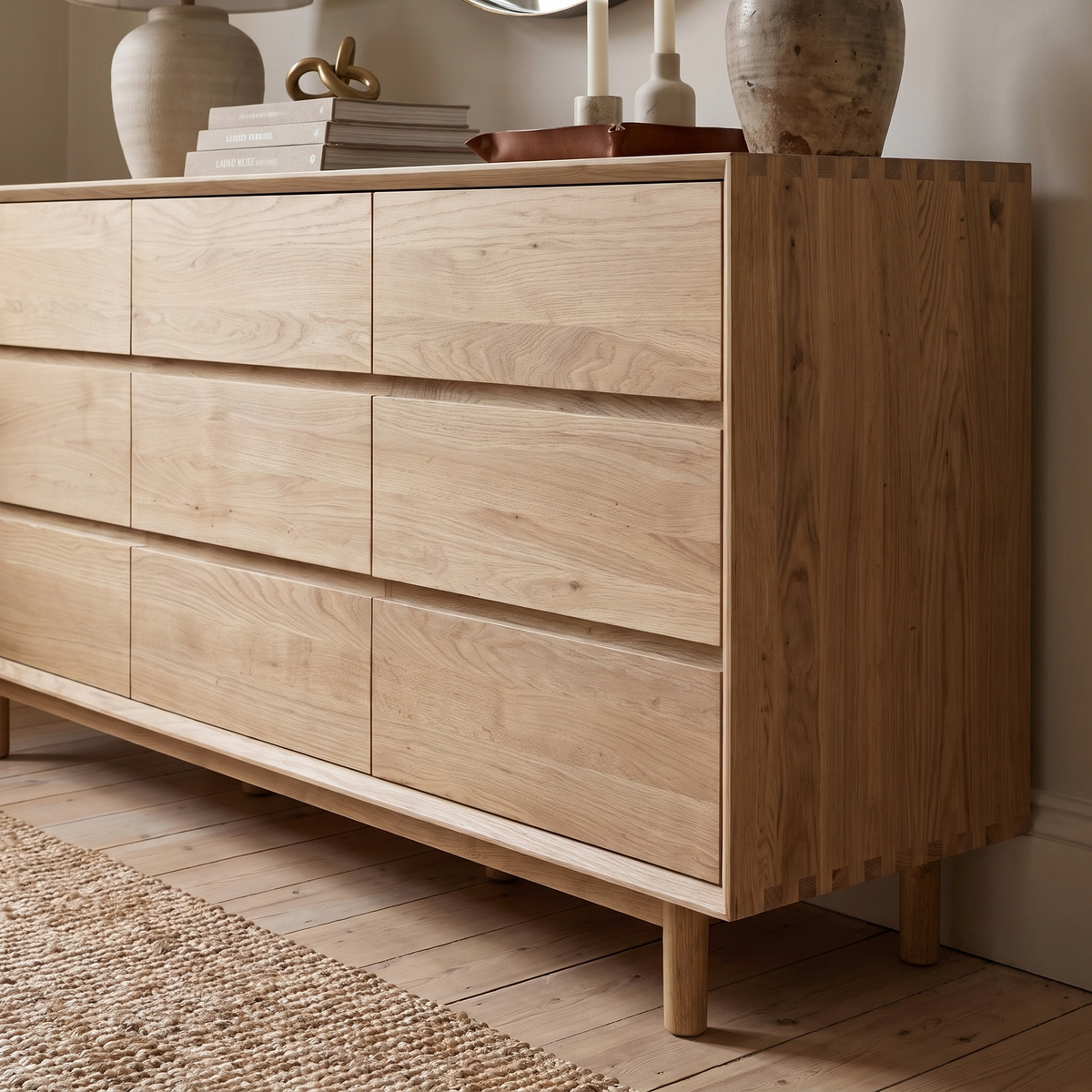 The Oslo 9 Drawer Chest in Light Oak offers generous bedroom storage with its nine spacious drawers, crafted from solid oak for enduring style and durability. Inspired by classic design, it is beautifully accented with vases, candles, and complemented by a woven rug on the floor.
