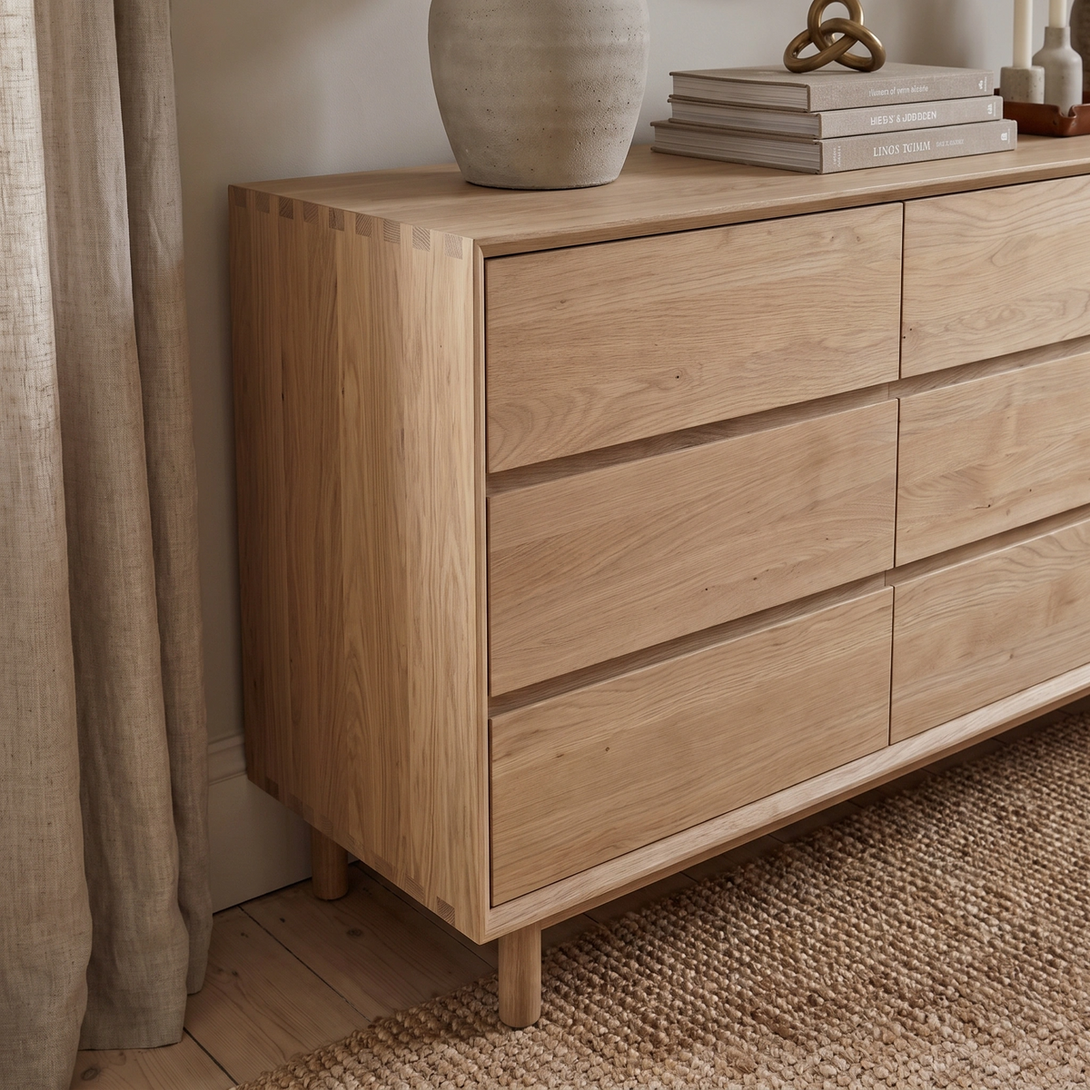 A light oak Oslo 9 Drawer Chest stands on a woven rug beside books, decor, and a vase, offering stylish bedroom storage.