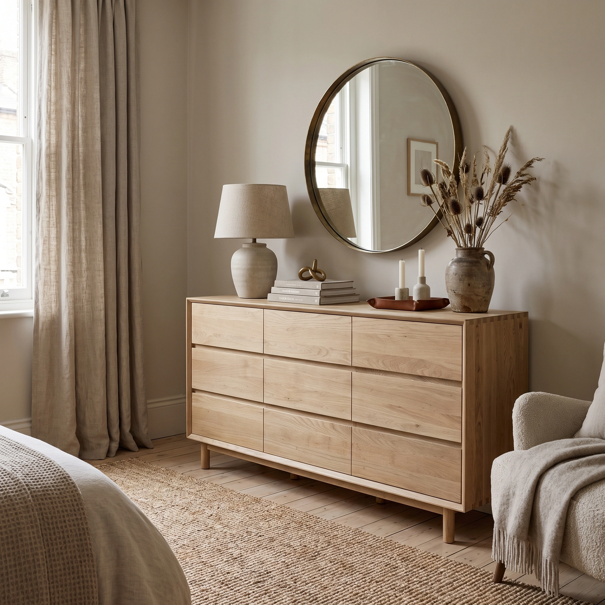 Neutral bedroom featuring the Oslo 9 Drawer Chest in Light Oak, complemented by a wooden dresser, round mirror, lamp, vase, candles, and beige decor in natural light—offering both timeless style and practical bedroom storage.